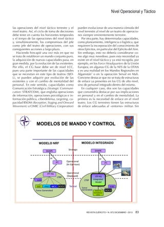Nivel Operacional y Táctico

las operaciones del nivel táctico terrestre y el
nivel teatro. Así, el ciclo de toma de decisiones
debe tener en cuenta los horizontes temporales
y el tempo de las operaciones del nivel táctico
y, simultáneamente, los compromisos del jefe
como jefe del teatro de operaciones, con sus
consiguientes acciones a largo plazo.
Haciendo hincapié una vez más en que no
se trata de establecer un mando conjunto puro,
la adquisición de nuevas capacidades pasa, en
gran medida, por la evolución de las existentes.
Por ello, el CG base debe ser de nivel LCC,
pues una parte importante de las capacidades
que se necesitan en este tipo de teatros (SJOL), se pueden adquirir por evolución de las
existentes y con el cambio de mentalidad del
personal. En este sentido, capacidades como
Comunicación Estratégica (Strategic Communication: STRATCOM), que engloba operaciones
de información, operaciones psicológicas e información pública, ciberdefensa, targeting, capacidad RSOM (Reception, Staging and Onward
Movement) o CIMIC (Civil-Military Cooperation)

pueden evolucionar de una manera cómoda del
nivel terrestre al nivel de un teatro de operaciones siempre eminentemente terrestre.
Por otra parte, hay determinadas capacidades,
como planeamiento, inteligencia o logística, que
requieren la incorporación del conocimiento de
otros Ejércitos, en particular del Ejército del Aire.
Sin embargo, esto no debería considerarse como algo muy novedoso, pues esta necesidad ya
existe en el nivel táctico y ya está recogida, por
ejemplo, en los Force Headquarters de la Unión
Europea, en algunos CG de la NFS de la OTAN
y es una realidad en los Mandos Regionales en
Afganistán7 o en la operación Serval en Mali.
Conviene destacar que no se trata de estructuras
de enlace ya presentes en los CG de alto nivel,
sino de personal integrado dentro del mismo.
En cualquier caso, dos son las capacidades
que convendría destacar por sus implicaciones
en personal y en el cambio de mentalidad. La
primera es la necesidad de enlace en el nivel
teatro. Los CG terrestres tienen las estructuras
de enlace adecuadas al «entorno» militar. Sin

REVISTA EJÉRCITO • N. 872 DICIEMBRE • 2013 

83

 