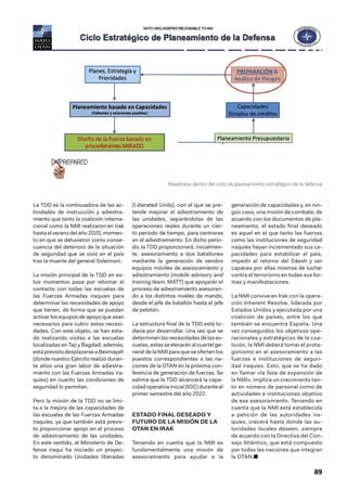 89
La TDD es la continuadora de las ac-
tividades de instrucción y adiestra-
miento que tanto la coalición interna-
cional como la NMI realizaron en Irak
hasta el verano del año 2020, momen-
to en que se detuvieron como conse-
cuencia del deterioro de la situación
de seguridad que se vivió en el país
tras la muerte del general Soleimani.
La misión principal de la TDD en es-
tos momentos pasa por retomar el
contacto con todas las escuelas de
las Fuerzas Armadas iraquíes para
determinar las necesidades de apoyo
que tienen, de forma que se puedan
activar los equipos de apoyo que sean
necesarios para cubrir estas necesi-
dades. Con este objeto, se han esta-
do realizando visitas a las escuelas
localizadas en Taji y Bagdad; además,
está previstodesplazarseaBesmayah
(donde nuestro Ejército realizó duran-
te años una gran labor de adiestra-
miento con las Fuerzas Armadas ira-
quíes) en cuanto las condiciones de
seguridad lo permitan.
Pero la misión de la TDD no se limi-
ta a la mejora de las capacidades de
las escuelas de las Fuerzas Armadas
iraquíes, ya que también está previs-
to proporcionar apoyo en el proceso
de adiestramiento de las unidades.
En este sentido, el Ministerio de De-
fensa iraquí ha iniciado un proyec-
to denominado Unidades liberadas
(Liberated Units), con el que se pre-
tende mejorar el adiestramiento de
las unidades, separándolas de las
operaciones reales durante un cier-
to periodo de tiempo, para centrarse
en el adiestramiento. En dicho perio-
do, la TDD proporcionará, inicialmen-
te, asesoramiento a dos batallones
mediante la generación de sendos
equipos móviles de asesoramiento y
adiestramiento (mobile advisory and
training team, MATT) que apoyarán el
proceso de adiestramiento asesoran-
do a los distintos niveles de mando,
desde el jefe de batallón hasta el jefe
de pelotón.
La estructura final de la TDD está to-
davía por desarrollar. Una vez que se
determinenlasnecesidadesdelases-
cuelas,estasseelevaránalcuartelge-
neral de la NMI para que se oferten los
puestos correspondientes a las na-
ciones de la OTAN en la próxima con-
ferencia de generación de fuerzas. Se
estima que la TDD alcanzará la capa-
cidad operativa inicial (IOC) durante el
primer semestre del año 2022.
ESTADO FINAL DESEADO Y
FUTURO DE LA MISIÓN DE LA
OTAN EN IRAK
Teniendo en cuenta que la NMI es
fundamentalmente una misión de
asesoramiento para ayudar a la
generación de capacidades y, en nin-
gún caso, una misión de combate, de
acuerdo con los documentos de pla-
neamiento, el estado final deseado
es aquel en el que tanto las fuerzas
como las instituciones de seguridad
iraquíes hayan incrementado sus ca-
pacidades para estabilizar el país,
impedir el retorno del Dáesh y ser
capaces por ellas mismas de luchar
contra el terrorismo en todas sus for-
mas y manifestaciones.
La NMI convive en Irak con la opera-
ción Inherent Resolve, liderada por
Estados Unidos y ejecutada por una
coalición de países, entre los que
también se encuentra España. Una
vez conseguidos los objetivos ope-
racionales y estratégicos de la coa-
lición, la NMI deberá tomar el prota-
gonismo en el asesoramiento a las
fuerzas e instituciones de seguri-
dad iraquíes. Esto, que se ha dado
en llamar «la fase de expansión de
la NMI», implica un crecimiento tan-
to en número de personal como de
actividades e instituciones objetivo
de ese asesoramiento. Teniendo en
cuenta que la NMI está establecida
a petición de las autoridades ira-
quíes, crecerá hasta donde las au-
toridades locales deseen, siempre
de acuerdo con la Directiva del Con-
sejo Atlántico, que está compuesto
por todas las naciones que integran
la OTAN.■
Readiness dentro del ciclo de planeamiento estratégico de la defensa
 
