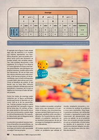 62 / Revista Ejército n.º 990 • mayo/junio 2024
El ejemplo de la figura 3 solo añade
algo más de realismo a un modelo
que intentar representar una hipo-
tética situación, pero se puede com-
plicar tanto como sea necesario: se
pueden añadir más variables aleato-
rias, más posibles decisiones y más
jugadores. En la figura 5 se observa
un nuevo ejemplo en el que unas fuer-
zas paramilitares, que persiguen sus
propios intereses, pueden optar entre
dos decisiones. Se ven en este caso
dos valores distintos para cada resul-
tado, el de fuerzas propias y el de pa-
ramilitares, que no está contrapuesto
y puede haber alternativas que maxi-
micen el beneficio de ambos. El del
bando rojo no hace falta indicarlo
porque cualquier ventaja para azul es
perjudicial y viceversa, por lo que su
objetivo es minimizar el valor de fuer-
zas propias.
Como los nodos de enemigo están
cubiertos por la figura sombreada,
tendrá que tomar su decisión sin co-
nocer cuál es la de los paramilita-
res. Fuerzas propias tampoco sabrá
qué opciones han escogido ninguno
de los otros dos. En cambio, el ban-
do verde tendrá la información de en
qué rama se encuentra cuando elige
su última línea de acción. Por supues-
to, falta el azar, pero el diagrama sería
excesivamente grande.
La solución marcada en naranja maxi-
miza el beneficio de paramilitares, es
la mejor opción a la que puede aspirar
enemigo y el máximo valor que puede
conseguir fuerzas propias.
Estos modelos se pueden complicar
tanto como sea necesario o lo per-
mitan el tiempo y las circunstancias,
aunque siempre habrá que buscar un
adecuado equilibrio entre sencillez y
eficacia. Por la parte técnica del mo-
delado y la posterior resolución no
es necesario preocuparse; de eso se
encargan la investigación operativa9
y
los ordenadores.
«Si tuviese sesenta minutos para re-
solver un problema que salvase al
mundo, emplearía cincuenta y cin-
co minutos en analizar el problema
y cinco para resolverlo». Esta frase,
o versiones similares, son atribuidas
a Einstein y representa la parte más
importante del planeamiento que,
como es sabido, no es el producto
final, sino el propio proceso durante
el cual se comprenden a fondo todos
los detalles de la operación, lo que
permitirá al decisor adaptar con pre-
cisión sus decisiones ante los cam-
bios de situación.
Figura 4: la esperanza de cada opción ‘C’ o ‘D’ se obtiene multiplicando la probabilidad de cada posible resultado por su valor.
La esperanza más alta corresponde a ‘D’.
 