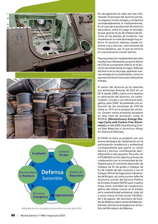 80 / Revista Ejército n.º 990 • mayo/junio 2024
Su recuperación es cada vez más inte-
resante. El proceso del aluminio prima-
rio requiere mucha energía y contamina
considerablemente el medioambiente.
En el caso de la producción de aluminio
secundario, entra en juego el reciclaje,
ya que, gracias al uso de chatarra de alu-
minio en las plantas de fundición, nos
movemos en un nivel de energía muy in-
ferior. El aluminio, además, puede uti-
lizarse una y otra vez, teóricamente de
forma perpetua, por lo que se entraría
en una economía circular óptima.
Para la protección medioambiental, esto
resulta muy interesante, ya que el ahorro
de CO2es sumamente inferior en el alu-
minio reciclado frente al virgen. Además
del ahorro en su reciclaje, aparecen nue-
vas ventajas en su tratamiento, como su
aprovechamiento futuro para almacenar
energía.
El sector del aluminio ya ha reducido
sus emisiones directas de CO2 en un
55 % desde 1990 y tiene como objetivo
la valorización del aluminio, sin carbo-
nización, circular y con eficiencia ener-
gética, para 2050. Se pretende una re-
ducción de las emisiones de CO2 de
hasta un 70 % en la producción prima-
ria. Existen varios proyectos europeos
en esta línea de actuación, como el
REVEAL (Revolutionary Energy Sto-
rage Cycle with Carbon Free Alumi-
nium) y el SALEMA (Substituting Criti-
cal Raw Materials in Aluminium Alloys
for Electrical Vehicles).
El CD3R no sería un proyecto con una
buena estrategia de implantación sin la
participación académica y profesional
correspondiente que aporte su visión
teórica y técnica, contribuyendo deci-
didamente a esta apuesta. Para ello, en
el PCMASA2 se han abierto ya líneas de
colaboración con la Universidad de Va-
lladolid para el inminente desarrollo de
trabajos de fin de grado y trabajos de
fin de máster de tipo conjunto y con el
Colegio Oficial de Ingenieros Industria-
les de Burgos, así como cursos-taller de
economía circular del Servicio Público
de Empleo Estatal (SEPE) para nuestra
tropa como actividad de cooperación
dentro del interés común en el ámbito
de la sostenibilidad ambiental, todo tal
y como marca la Instrucción 56/2011,
de 3 de agosto, del secretario de Esta-
do de Defensa sobre sostenibilidad am-
biental y eficiencia energética en el ám-
bito del Ministerio de Defensa.
Barcaza de aluminio
Gomas de flotación del TOA
Infografía de los conceptos de economía circular de la EDA
 