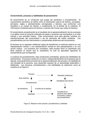 Sánchez: La investigación sobre el desarrollo...




Conocimiento, procesos y habilidades de pensamiento

El conocimiento es un constructo que puede ser semántico o procedimental. El
conocimiento semántico se define como la información acerca de hechos, conceptos,
principios, reglas y planteamientos conceptuales y teóricos, que conforman una
disciplina o un campo de estudio; o simplemente, en el ámbito de lo cotidiano, la
información incidental acerca de hechos o eventos del mundo que rodea al individuo.

El conocimiento procedimental es el resultado de la operacionalización de los procesos
y se define como el conjunto ordenado de pasos o acciones que acompañan a un acto
mental o una actividad motora. Este conocimiento sirve para generar cambios y/o
transformaciones del conocimiento o de los estímulos del medio ambiente. Los
procedimientos son los instrumentos o componentes dinámicos del conocimiento.

El proceso es un operador intelectual capaz de transformar un estímulo externo en una
representación mental, o una representación mental en otra representación o en una
acción motora. Los procesos son conceptos; cada proceso tiene un significado que
lleva implícito la acción que lo caracteriza, la cual es ejecutada siguiendo el
procedimiento que corresponde.

La práctica de procedimientos, bajo condiciones controladas, genera las habilidades de
pensamiento. El proceso existe por sí mismo, independientemente de la persona que lo
ejecuta, el procedimiento proviene de la operacionalización del proceso y la habilidad es
una facultad de la persona, cuyo desarrollo requiere de un aprendizaje sistemático y
deliberado. Los procesos, procedimientos y las habilidades se relacionan como se
muestra en la Figura 2.


                          Proceso
                                                                        Operador intelectual
            lleva implícito
                                                                       Estrategia para pensar
                       Procedimiento


          se transforma               a través de la práctica
                                                                       Facultad de la
                          Habilidad                                    persona para aplicar
                                                                       el proceso o pasos
                                                                       de procedimiento


                    Figura 2. Relación entre proceso, procedimiento y habilidad




Revista Electrónica de Investigación Educativa Vol. 4, No. 1, 2002                              12
 