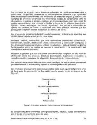 Sánchez: La investigación sobre el desarrollo...


Los procesos, de acuerdo con el ámbito de aplicación, se clasifican en universales y
particulares. Un proceso universal es un tipo de operador intelectual cuyo significado
está unívocamente determinado y es reconocido en todas las lenguas y culturas; son
ejemplos de procesos universales las operaciones lógicas de pensamiento como la
observación, el análisis, la síntesis, etcétera. Un proceso particular es un plan, curso de
acción, procedimiento, que conduce o facilita el logro de un objetivo determinado.
Ejemplo: planes, estrategias, heurísticas, algoritmos. Los procesos universales se
aplican en variedad de casos y situaciones con fines diversos, mientras que los
particulares se aplican a casos específicos o a familias de casos.

Los procesos de pensamiento también pueden agruparse y ordenarse de acuerdo a sus
niveles de complejidad y abstracción como sigue:

Procesos básicos, constituidos por seis operaciones elementales (observación,
comparación, relación, clasificación simple, ordenamiento y clasificación jerárquica) y
tres procesos integradores (análisis, síntesis y evaluación). Estos procesos son pilares
fundamentales sobre los cuales se apoyan la construcción y la organización del
conocimiento y el razonamiento.

Procesos superiores que son estructuras procedimentales complejas de alto nivel de
abstracción como los procesos directivos (planificación, supervisión, evaluación y
retroalimentación), ejecutivos, de adquisición de conocimiento, y discernimiento.

Los metaprocesos constituidos por estructuras complejas de nivel superior que rigen el
procesamiento de la información y regulan el uso inteligente de los procesos.

Los niveles de procesamiento están secuenciados; cada nivel, a partir del primero, sirve
de base para la construcción de los niveles que le siguen, como se observa en la
Figura 3.


                                           Procesos básicos



                                      Procesos de razonamiento



                                         Procesos superiores



                                            Metaprocesos

                 Figura 3. Estructura jerárquica de los procesos de pensamiento


El conocimiento, tanto semántico como procedimental, además, puede caracterizarse
por el tipo de procesamiento a que da lugar.

Revista Electrónica de Investigación Educativa Vol. 4, No. 1, 2002                      13
 