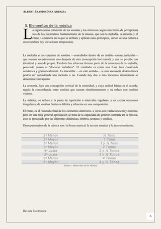 ALBERT BRANDO DIAZ ARBAIZA 
Revista Electronica 
6 
5. Elementos de la música 
a organización coherente de los sonidos y los silencios (según una forma de percepción) nos da los parámetros fundamentales de la música, que son la melodía, la armonía y el ritmo. La manera en la que se definen y aplican estos principios, varían de una cultura a otra (también hay variaciones temporales). 
La melodía es un conjunto de sonidos —concebidos dentro de un ámbito sonoro particular— que suenan sucesivamente uno después de otro (concepción horizontal), y que se percibe con identidad y sentido propio. También los silencios forman parte de la estructura de la melodía, poniendo pausas al "discurso melódico". El resultado es como una frase bien construida semántica y gramaticalmente. Es discutible —en este sentido— si una secuencia dodecafónica podría ser considerada una melodía o no. Cuando hay dos o más melodías simultáneas se denomina contrapunto. 
La armonía, bajo una concepción vertical de la sonoridad, y cuya unidad básica es el acorde, regula la concordancia entre sonidos que suenan simultáneamente y su enlace con sonidos vecinos. 
La métrica, se refiere a la pauta de repetición a intervalos regulares, y en ciertas ocasiones irregulares, de sonidos fuertes o débiles y silencios en una composición. 
El ritmo, es el resultado final de los elementos anteriores, a veces con variaciones muy notorias, pero en una muy general apreciación se trata de la capacidad de generar contraste en la música, esto es provocado por las diferentes dinámicas, timbres, texturas y sonidos. 
Otros parámetros de la música son: la forma musical, la textura musical y la instrumentación. 
Tabla 1: Intervalos de la Música 
L 
2ᵅ Menor 
½ Tono 2ᵅ Mayor 1 Tono 
3ᵅ Menor 
1 y ½ Tono 3ᵅ Mayor 2 Tonos 
4ᵅ Justa 
2 y ½ Tonos 5ᵅ Justa 3 y ½ Tonos 
6ᵅ Menor 
4 Tonos 6ᵅ Mayor 4 y ½ Tonos  