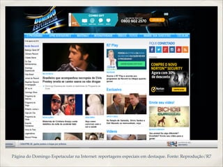 Página do Domingo Espetacular na Internet: reportagens especiais em destaque. Fonte: Reprodução/R7
 