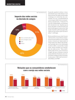80 Eletrolar News
MARKETING DIGITAL
A grande questão (e talvez o maior
aprendizado que ainda está por vir) é
que as marcas não estão acostumadas
-
comunicação direta com os consumi-
a era da complexidade, e as empresas
foram atacadas na internet servem de
sendonecessáriosofrerparaaprender,
melhor se isso se der a partir do terror
restritos entre consumidores e empre-
sociais, inclusive com repercussão na
mídia tradicional. Depois das tentati-
vas frustradas de ter uma reclamação
vezes, resolve alardear sua insatisfa-
-
imagem de que a empresa cuida de
-
sumidores chegaram até ali é porque,
alerta Messa, da FAAP.
43%
Descobrir marcas que não
conhecia ou em que tem interesse
43%
Pesquisar feedbacks
sobre uma marca
39%
Fazer comentários sobre
sua experiência
39%
34%
27%28%
23%
15%
Seguir suas
marcas favoritas
34%
Curtir e compartilhar produtos
BRASIL GLOBAL
31%
5%
18%
46%
Não
Nunca
Sim, na maioria dos casos
Sim, em alguns casos
PwC: Total Retail Survey
PwC: Total Retail Survey
Impacto das redes sociais
na decisão de compra
Relações que os consumidores estabelecem
com o varejo nas redes sociais
 