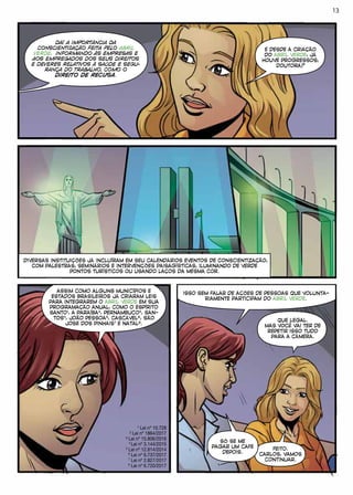 DIVERSAS INSTITUIÇÕES JÁ INCLUÍRAM EM SEU CALENDÁRIOS EVENTOS DE CONSCIENTIZAÇÃO,
COM PALESTRAS, SEMINÁRIOS E INTERVENÇÕES PAISAGÍSTICAS, ILUMINANDO DE VERDE
PONTOS TURÍSTICOS OU USANDO LAÇOS DA MESMA COR.
FEITO.
CARLOS, VAMOS
CONTINUAR.
DAÍ A IMPORTÂNCIA DA
CONSCIENTIZAÇÃO FEITA PELO ABRIL
VERDE. INFORMANDO ÀS EMPRESAS E
AOS EMPREGADOS DOS SEUS DIREITOS
E DEVERES RELATIVOS À SAÚDE E SEGU-
RANÇA DO TRABALHO, COMO O
DIREITO DE RECUSA.
E DESDE A CRIAÇÃO
DO ABRIL VERDE, JÁ
HOUVE PROGRESSOS,
DOUTORA?
ASSIM COMO ALGUNS MUNICÍPIOS E
ESTADOS BRASILEIROS JÁ CRIARAM LEIS
PARA INTEGRAREM O ABRIL VERDE EM SUA
PROGRAMAÇÃO ANUAL, COMO O ESPÍRITO
SANTO1
, A PARAÍBA2
, PERNAMBUCO3
, SAN-
TOS4
, JOÃO PESSOA5
, CASCÁVEL6
, SÃO
JOSÉ DOS PINHAIS7
E NATAL8
.
¹ Lei nº 10.728
² Lei nº 1864/2017
³ Lei nº 15.806/2016
4
Lei nº 3.144/2015
5
Lei nº 12.814/2014
6
Lei nº 6.737/2017
7
Lei nº 2.827/2017
8
Lei nº 6.720/2017
ISSO SEM FALAR DE AÇÕES DE PESSOAS QUE VOLUNTA-
RIAMENTE PARTICIPAM DO ABRIL VERDE.
QUE LEGAL.
MAS VOCÊ VAI TER DE
REPETIR ISSO TUDO
PARA A CÂMERA.
SÓ SE ME
PAGAR UM CAFÉ
DEPOIS.
13
 