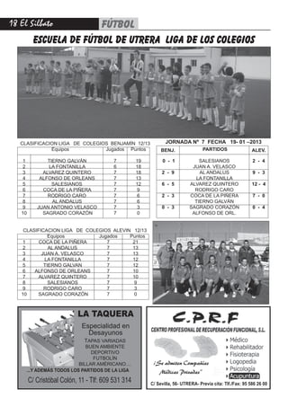 18 El Silbato            FÚTBOL
          ESCUELA DE FÚTBOL DE UTRERA LIGA DE LOS COLEGIOS




   CLASIFICACION LIGA DE COLEGIOS BENJAMÍN 12/13                JORNADA Nº 7 FECHA 19- 01 –2013
              Equipos           Jugados Puntos                BENJ.                PARTIDOS                 ALEV.

    1          TIERNO GALVÁN              7         19        0 - 1             SALESIANOS                  2 - 4
    2          LA FONTANILLA              6         18                       JUAN A. VELASCO
    3        ALVAREZ QUINTERO             7         18        2 - 9             AL ANDALUS                  9 - 3
    4       ALFONSO DE ORLEANS            7         13                        LA FONTANILLA
    5            SALESIANOS               7         12        6 - 5         ALVAREZ QUINTERO                12 - 4
    6        COCA DE LA PIÑERA            7          9                        RODRIGO CARO
    7          RODRIGO CARO               7          6        2 - 3         COCA DE LA PIÑERA               7 - 0
    8            AL ANDALUS               7          6                        TIERNO GALVÁN
    9      JUAN ANTONIO VELASCO           7          3        0 - 3         SAGRADO CORAZÓN                 0 - 4
   10        SAGRADO CORAZÓN              7          0                       ALFONSO DE ORL.


    CLASIFICACION LIGA DE COLEGIOS ALEVIN 12/13
              Equipos         Jugados    Puntos
    1     COCA DE LA PIÑERA      7        21
    2         AL ANDALUS         7        13
    3      JUAN A. VELASCO       7        13
    4       LA FONTANILLA        7        12
    5       TIERNO GALVAN        7        12
    6   ALFONSO DE ORLEANS       7        10
    7    ALVAREZ QUINTERO        7        10
    8         SALESIANOS         7         9
    9       RODRIGO CARO         7         3
   10    SAGRADO CORAZÓN         7         0



                           LA TAQUERA
                             Especialidad en
                               Desayunos
                              TAPAS VARIADAS
                             BUEN AMBIENTE
                               DEPORTIVO
                                FUTBOLÍN
                          BILLAR AMÉRICANO....            ¡Se admiten Compañías
     ...Y ADEMÁS TODOS LOS PARTIDOS DE LA LIGA              Médicas Privadas”
        C/ Cristóbal Colón, 11 - Tlf: 609 531 314        C/ Sevilla, 56- UTRERA- Previa cita: Tlf./Fax: 95 586 26 00
 