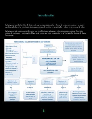 Introducción
La Reingeniería en los Servicios de Enfermería representa una alternativa o forma de pensar para motivar o producir
cambios radicales en las prácticas tradicionales, propiciando cambios en las actitudes y valores en el personal de salud.
La Reingeniería la podemos entender como una metodología apropiada para rediseñar procesos, mejorar el servicio,
mejorar la motivación y participación del personal, puntos que están considerados en la Teoría de los Sistemas de Kast y
Rosenzweig.
1
 