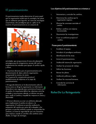 El posicionamiento
El posicionamiento implica determinar el nuevo papel
que la organización tendrá ante la sociedad y los pasos
que se realizaran para lograrlo, así como las estrategias
corporativas y los paradigmas que se aplica en lo
sucesivo. El posicionamiento es un conjunto de
actividades que proporcionan el marco de planeación
estratégica para la reingeniería y atreves del cual se
implementan los métodos para apoyar el cambio rápido
y eficaz.
• El primer elemento para el posicionamiento es la
documentación de datos sobre la organización,
comparando la misión y la visión.
Por lo general, la comparación permite el
establecimiento de objetivos en la etapa de
posicionamiento.
• El segundo elemento es la documentación sobre la
forma como se dirige la organización. La información
obtenida en este segundo paso suministra el marco para
el cambio. Es importante definir las relaciones entre las
unidades y sus procesos; además, se obtiene una guía
para, medir el cambio y respalda las mejoras en costos y
efectividad.
• El tercer elemento es crear un ambiente adecuado
para implementar el cambio sin afectar a la
organización. El ambiente se percibe mediante la
aceptación del cambio por parte del trabajador y los
gerentes, se percibe también cuando se comprenden los
cambios y se tiene la seguridad de que son necesarios
para mejorar, cuando se concibe a los cambios como
aliados, en lugar de enemigos.
Los objetivos del posicionamiento se orientan a:
1. Sistematizar y controlar los cambios.
2. Determinar los cambios que la
organización requiere.
3. Eliminar las amenazas asociadas al
cambio.
4. Realizar cambios con mejoras
incrementales.
5. Documentar las investigaciones.
6. Crear un ambiente propicio al
cambio.
Pasos para el posicionamiento
1. Establecer el equipo.
2. Introducir el paradigma cambiante.
3. Identificación de las áreas.
4. Iniciar el posicionamiento.
5. Análisis del sistema de organización.
6. Analizar los procesos de trabajo.
7. Definir las funciones.
8. Revisar los planes.
9. Análisis de políticas y reglas.
10. Analizar los recursos humanos.
11. Controlar los servicios de
información.
Roles De La Reingeniería
8
 