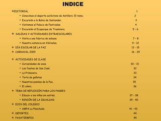 INDICE EDITORIAL  1 Conocimos el deporte autóctono de Astillero: El remo.  2 Excursión a la Bahia de Santander.  3 Visitamos el Palacio de Festivales.  4 Excursión al Ecoparque de Trasmiera.  5 – 6 SALIDAS Y ACTIVIDADES EXTRAESCOLARES Visita a una fabrica de sobaos.  7 – 8 Nuestra estancia en Viérnoles.  9 – 12 DÍA ESCOLAR DE LA PAZ  13 - 15 CARNAVAL 2009  16 - 29  ACTIVIDADES DE CLASE Curiosidades de aves.  30 – 31 Las fiestas de San José.  32 La Primavera.  33 Tarta de galletas  34 Nuestros poemas de la Paz.  35 El cómic.  36 TEMA DE REFLEXIÓN PARA LOS PADRES Educar a los niños sin estrés.  37 - 38  RINCÓN DE LA IGUALDAD  39 - 40 ECOS DEL COLEGIO  AMPA La Planchada  41 - 43 DEPORTES  44 PASATIEMPOS  45 