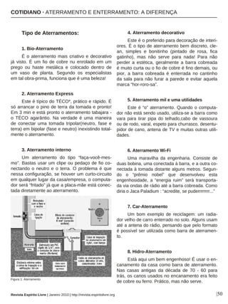 Tipo de Aterramentos:
1. Bio-Aterramento
É o aterramento mais criativo e decorativo
já visto. É um fio de cobre nu enrolado em um
prego ou haste metálica e colocado dentro de
um vaso de planta. Segundo os especialistas
em tal obra-prima, funciona que é uma beleza!
2. Aterramento Express
Este é típico do TÉCO*, prático e rápido. É
só arrancar o pino de terra da tomada e pronto!
Em 3 min e está pronto o aterramento tabajara -
o TÉCO agarântio. Na verdade é uma maneira
de conectar uma tomada tripolar(neutro, fase e
terra) em bipolar (fase e neutro) inexistindo total-
mente o aterramento.
3. Aterramento interno
Um aterramento do tipo “faça-você-mes-
mo”. Bastas usar um clipe ou pedaço de fio co-
nectando o neutro e o terra. O problema é que
nessa configuração, se houver um curto-circuito
em qualquer lugar da casa/empresa, o computa-
dor será “fritado” já que a placa-mãe está conec-
tada diretamente ao aterramento.
4. Aterramento decorativo
Este é o preferido para decoração de interi-
ores. É o tipo de aterramento bem discreto, cle-
an, simples e bonitinho (pintado de rosa, fica
gatinho), mas não serve para nada! Para não
perder a estética, geralmente a barra cobreada
é muito curta ou o fio de cobre é fino demais, ou
pior, a barra cobreada é enterrada no cantinho
da sala para não furar a parede e evitar aquela
marca “hor-roro-sa”.
5. Aterramento mil e uma utilidades
Este é “o” aterramento. Quando o computa-
dor não está sendo usado, utiliza-se a barra como
vara para tirar pipa do telhado,cabo de vassoura
ou de rodo, varal, espeto para churrasco, desentu-
pidor de cano, antena de TV e muitas outras utili-
dades.
6. Aterramento Wi-Fi
Uma maravilha da engenharia. Consiste de
duas bobina, uma conectada à barra, e a outra co-
nectada à tomada distante alguns metros. Segun-
do o “prêmio nobel” que desenvolveu esta
engenhosidade, a “energia ruim” será transporta-
da via ondas de rádio até a barra cobreada. Como
diria o Jaca Paladium : “acredite, se puderrrrrrrr...”
7. Car-Aterramento
Um bom exemplo de reciclagem: um radia-
dor velho de carro enterrado no solo. Alguns usam
até a antena do rádio, pensando que pelo formato
é possível ser utilizada como barra de aterramen-
to.
8. Hidro-Aterramento
Está aqui um bem engenhoso! É usar o en-
canamento da casa como barra de aterramento.
Nas casas antigas da década de 70 - 60 para
trás, os canos usados no encanamento era feito
de cobre ou ferro. Prático, mas não serve.
|50Revista Espírito Livre | Janeiro 2010 | http://revista.espiritolivre.org
COTIDIANO · ATERRAMENTO E ENTERRAMENTO: A DIFERENÇA
Figura 1: Aterramento
 