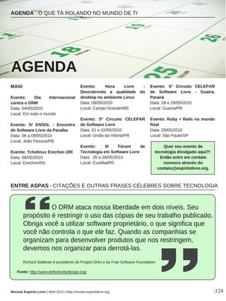 MAIO
Evento: Dia Internacional
contra o DRM
Data: 04/05/2010
Local: Em todo o mundo
Evento: IV ENSOL - Encontro
de Software Livre da Paraíba
Data: 06 a 09/05/2010
Local: João Pessoa/PB
Evento: Tchelinux Erechim URI
Data: 08/05/2010
Local: Erechim/RS
Evento: Hora Livre -
Descobrindo a qualidade do
desktop no ambiente Linux
Data: 08/05/2010
Local: Campo Grande/MS
Evento: 5º Circuito CELEPAR
de Software Livre
Data: 21 e 22/05/2010
Local: União da Vitória/PR
Evento: III Fórum de
Tecnologia em Software Livre
Data: 26 a 28/05/2010
Local: Curitiba/PR
Evento: 5º Circuito CELEPAR
de Software Livre - Guaíra,
Paraná
Data: 28 e 29/05/2010
Local: Guaíra/PR
Evento: Ruby + Rails no mundo
Real
Data: 29/05/2010
Local: São Paulo/SP
AGENDA · O QUE TÁ ROLANDO NO MUNDO DE TI
AGENDA
Revista Espírito Livre | Abril 2010 | http://revista.espiritolivre.org |124
Quer seu evento de
tecnologia divulgado aqui?!
Então entre em contato
conosco através do
contato@espiritolivre.org.
O DRM ataca nossa liberdade em dois níveis. Seu
propósito é restringir o uso das cópias de seu trabalho publicado.
Obriga você a utilizar software proprietário, o que significa que
você não controla o que ele faz. Quando as companhias se
organizam para desenvolver produtos que nos restringem,
devemos nos organizar para derrotá-las.
Richard Stallman é presidente do Projeto GNU e da Free Software Foundation
Fonte: http://www.defectivebydesign.org/
ENTRE ASPAS · CITAÇÕES E OUTRAS FRASES CÉLEBRES SOBRE TECNOLOGIA
 