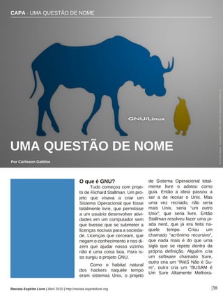O que é GNU?
Tudo começou com proje-
to de Richard Stallman. Um pro-
jeto que visava a criar um
Sistema Operacional que fosse
totalmente livre, que permitisse
a um usuário desenvolver ativi-
dades em um computador sem
que tivesse que se submeter a
licenças nocivas para a socieda-
de. Licenças que cerceam, que
negam o conhecimento e nos di-
zem que ajudar nosso vizinho
não é uma coisa boa. Para is-
so surgiu o projeto GNU.
Como o habitat natural
dos hackers naquele tempo
eram sistemas Unix, o projeto
de Sistema Operacional total-
mente livre o adotou como
guia. Então a ideia passou a
ser a de recriar o Unix. Mas
uma vez recriado, não seria
mais Unix, seria “um outro
Unix”, que seria livre. Então
Stallman resolveu fazer uma pi-
ada nerd, que já era feita na-
quele tempo. Criou um
chamado “acrônimo recursivo”,
que nada mais é do que uma
sigla que se repete dentro da
própria definição. Alguém cria
um software chamado Sure,
outro cria um “INéS Não é Su-
re”, outro cria um “BUSAM é
Um Sure Altamente Melhora-
CAPA · UMA QUESTÃO DE NOME
UMA QUESTÃO DE NOME
Por Cárlisson Galdino
|38
ArtbyRuiDamas-Copyright(C)2005,2006FreeSoftwareFoundation,Inc.
Revista Espírito Livre | Abril 2010 | http://revista.espiritolivre.org
 