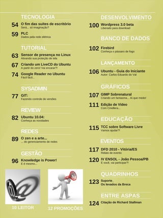 10 LEITOR 12 PROMOÇÕES
EVENTOS
GRÁFICOS
GIMP Sobrenatural
Criando um fantasma... Ai que medo!
54
TECNOLOGIA
QUADRINHOS
Suporte_
Os levados da Breca
LANÇAMENTO
Ubuntu - Guia do Iniciante
Autor: Carlos Eduardo do Val
ENTRE ASPAS
Citação de Richard Stallman
REDES
O zen e a arte...
... do gerenciamento de redes
89
BANCO DE DADOS
Firebird
Conheça o pássaro de fogo
DFD 2010 - Vitória/ES
Relato de evento
Edição de Vídeo
Com Cinellera...
59
O fim das suítes de escritório
Será... só imaginação?
PLC
Dados pela rede elétrica
IV ENSOL - João Pessoa/PB
E você, vai participar?!
EDUCAÇÃO
TCC sobre Software Livre
Vamos ajudar?!
GESTÃO
Knowledge is Power!
E é mesmo...
96
63
TUTORIAL
67
Sensor de presença no Linux
Ativando sua proteção de tela
Criando um LiveCD do Ubuntu
A partir do zero! Vai encarar?!
74 Google Reader no Ubuntu
Fácil fácil...
Wordpress 3.0 beta
Liberado para download
100
DESENVOLVIMENTO
SYSADMIN
GIT:
Fazendo controle de versões
77
REVIEW
Ubuntu 10.04:
Conheça as novidades
82
102
106
107
111
115
117
123
120
124
 