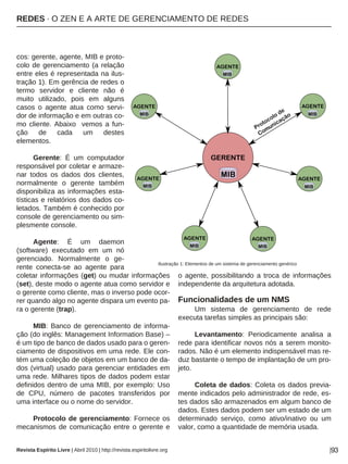 REDES · O ZEN E A ARTE DE GERENCIAMENTO DE REDES
Revista Espírito Livre | Abril 2010 | http://revista.espiritolivre.org |93
cos: gerente, agente, MIB e proto-
colo de gerenciamento (a relação
entre eles é representada na ilus-
tração 1). Em gerência de redes o
termo servidor e cliente não é
muito utilizado, pois em alguns
casos o agente atua como servi-
dor de informação e em outras co-
mo cliente. Abaixo vemos a fun-
ção de cada um destes
elementos.
Gerente: É um computador
responsável por coletar e armaze-
nar todos os dados dos clientes,
normalmente o gerente também
disponibiliza as informações esta-
tísticas e relatórios dos dados co-
letados. Também é conhecido por
console de gerenciamento ou sim-
plesmente console.
Agente: É um daemon
(software) executado em um nó
gerenciado. Normalmente o ge-
rente conecta-se ao agente para
coletar informações (get) ou mudar informações
(set), deste modo o agente atua como servidor e
o gerente como cliente, mas o inverso pode ocor-
rer quando algo no agente dispara um evento pa-
ra o gerente (trap).
MIB: Banco de gerenciamento de informa-
ção (do inglês: Management Information Base) –
é um tipo de banco de dados usado para o geren-
ciamento de dispositivos em uma rede. Ele con-
tém uma coleção de objetos em um banco de da-
dos (virtual) usado para gerenciar entidades em
uma rede. Milhares tipos de dados podem estar
definidos dentro de uma MIB, por exemplo: Uso
de CPU, número de pacotes transferidos por
uma interface ou o nome do servidor.
Protocolo de gerenciamento: Fornece os
mecanismos de comunicação entre o gerente e
o agente, possibilitando a troca de informações
independente da arquitetura adotada.
Funcionalidades de um NMS
Um sistema de gerenciamento de rede
executa tarefas simples as principais são:
Levantamento: Periodicamente analisa a
rede para identificar novos nós a serem monito-
rados. Não é um elemento indispensável mas re-
duz bastante o tempo de implantação de um pro-
jeto.
Coleta de dados: Coleta os dados previa-
mente indicados pelo administrador de rede, es-
tes dados são armazenados em algum banco de
dados. Estes dados podem ser um estado de um
determinado serviço, como ativo/inativo ou um
valor, como a quantidade de memória usada.
Ilustração 1: Elementos de um sistema de gerenciamento genérico
 
