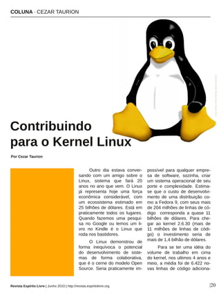 Outro  dia  estava  conver­
sando  com  um  amigo  sobre  o 
Linux,  sistema  que  fará  20 
anos no ano que vem. O Linux 
já  representa  hoje  uma  força 
econômica  considerável,  com 
um  ecossistema  estimado  em 
25 bilhões de dólares. Está em 
praticamente  todos  os  lugares. 
Quando  fazemos  uma  pesqui­
sa  no  Google  ou  lemos  um  li­
vro  no  Kindle  é  o  Linux  que 
roda nos bastidores.
O  Linux  demonstrou  de 
forma  inequívoca  o  potencial 
do  desenvolvimento  de  siste­
mas  de  forma  colaborativa, 
que é o cerne do modelo Open 
Source.  Seria  praticamente  im­
possível  para  qualquer  empre­
sa  de  software,  sozinha,  criar 
um sistema operacional de seu 
porte  e  complexidade.  Estima­
se  que  o  custo  de  desenvolvi­
mento  de  uma  distribuição  co­
mo a Fedora 9, com seus mais 
de 204 milhões de linhas de có­
digo    corresponda  a  quase  11 
bilhões  de  dólares.  Para  che­
gar  ao  kernel  2.6.30  (mais  de 
11  milhões  de  linhas  de  códi­
go)  o  investimento  seria  de 
mais de 1,4 bilhão de dólares. 
Para  se  ter  uma  idéia  do 
volume  de  trabalho  em  cima 
do kernel, nos ultimos 4 anos e 
meio, a média foi de 6.422 no­
vas  linhas  de  código  adiciona­
COLUNA ∙ CEZAR TAURION
Contribuindo
para o Kernel Linux
Por Cezar Taurion
|20Revista Espírito Livre | Junho 2010 | http://revista.espiritolivre.org
Larry Ewing, Simon Budig, Anja Gerwinski
 