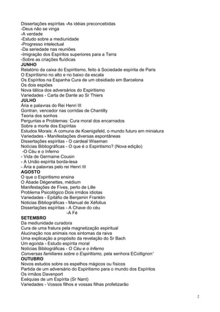 2
Dissertações espíritas -As idéias preconcebidas
-Deus não se vinga
-A verdade
-Estudo sobre a mediunidade
-Progresso intelectual
-Da seriedade nas reuniões
-Imigração dos Espíritos superiores para a Terra
-Sobre as criações fluídicas
JUNHO
Relatório da caixa do Espiritismo, feito à Sociedade espírita de Paris
O Espiritismo no alto e no baixo da escala
Os Espíritos na Espanha Cura de um obsidiado em Barcelona
Os dois espiões
Nova tática dos adversários do Espiritismo
Variedades - Carta de Dante ao Sr Thiers
JULHO
Ária e palavras do Rei Henri III
Gontran, vencedor nas corridas de Chantilly
Teoria dos sonhos
Perguntas e Problemas: Cura moral dos encarnados
Sobre a morte dos Espíritas
Estudos Morais: A comuna de Koenigsfeld, o mundo futuro em miniatura
Variedades - Manifestações diversas espontâneas
Dissertações espíritas - O cardeal Wiseman
Notícias Bibliográficas - O que é o Espiritismo? (Nova edição)
-O Céu e o Inferno
- Vida de Germaine Cousin
- A União espírita borda-lesa
- Ária e palavras pelo rei Henri III
AGOSTO
O que o Espiritismo ensina
O Abade Dégenettes, médium
Manifestações de Fives, perto de Lille
Problema Psicológico Dois irmãos idiotas
Variedades - Epitáfio de Benjamin Franklin
Noticias Bibliográficas - Manual de Xéfolius
Dissertações espíritas - A Chave do céu
-A Fé
SETEMBRO
Da mediunidade curadora
Cura de uma fratura pela magnetização espiritual
Alucinação nos animais nos sintomas da raiva
Uma explicação a propósito da revelação do Sr Bach
Um egoísta - Estudo espírita moral
Notícias Bibliográficas - O Céu e o Inferno
Conversas familiares sobre o Espiritismo, pela senhora ECoIlignon'
OUTUBRO
Novos estudos sobre os espelhos mágicos ou físicos
Partida de um adversário do Espiritismo para o mundo dos Espíritos
Os irmãos Davenport
Exéquias de um Espírita (Sr Nant)
Variedades - Vossos filhos e vossas filhas profetizarão
 