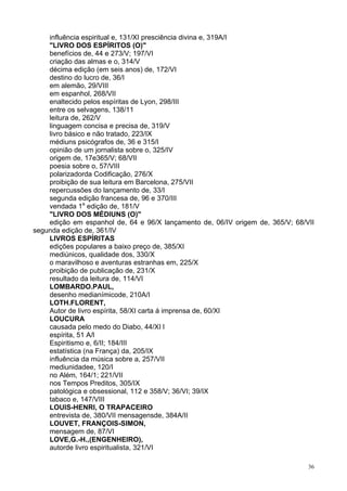 36
influência espiritual e, 131/XI presciência divina e, 319A/I
"LIVRO DOS ESPÍRITOS (O)"
benefícios de, 44 e 273/V; 197/VI
criação das almas e o, 314/V
décima edição (em seis anos) de, 172/VI
destino do lucro de, 36/I
em alemão, 29/VIII
em espanhol, 268/VII
enaltecido pelos espíritas de Lyon, 298/III
entre os selvagens, 138/11
leitura de, 262/V
linguagem concisa e precisa de, 319/V
livro básico e não tratado, 223/IX
médiuns psicógrafos de, 36 e 315/I
opinião de um jornalista sobre o, 325/IV
origem de, 17e365/V; 68/VII
poesia sobre o, 57/VIII
polarizadorda Codificação, 276/X
proibição de sua leitura em Barcelona, 275/VII
repercussões do lançamento de, 33/I
segunda edição francesa de, 96 e 370/III
vendada 1a
edição de, 181/V
"LIVRO DOS MÉDIUNS (O)"
edição em espanhol de, 64 e 96/X lançamento de, 06/IV origem de, 365/V; 68/VII
segunda edição de, 361/IV
LIVROS ESPÍRITAS
edições populares a baixo preço de, 385/XI
mediúnicos, qualidade dos, 330/X
o maravilhoso e aventuras estranhas em, 225/X
proibição de publicação de, 231/X
resultado da leitura de, 114/VI
LOMBARDO.PAUL,
desenho medianímicode, 210A/I
LOTH.FLORENT,
Autor de livro espírita, 58/XI carta á imprensa de, 60/XI
LOUCURA
causada pelo medo do Diabo, 44/XI l
espírita, 51 A/l
Espiritismo e, 6/II; 184/III
estatística (na França) da, 205/IX
influência da música sobre a, 257/VII
mediunidadee, 120/I
no Além, 164/1; 221/VII
nos Tempos Preditos, 305/IX
patológica e obsessional, 112 e 358/V; 36/VI; 39/IX
tabaco e, 147/VIII
LOUIS-HENRI, O TRAPACEIRO
entrevista de, 380/VII mensagensde, 384A/II
LOUVET, FRANÇOIS-SIMON,
mensagem de, 87/VI
LOVE,G.-H.,(ENGENHEIRO),
autorde livro espiritualista, 321/VI
 