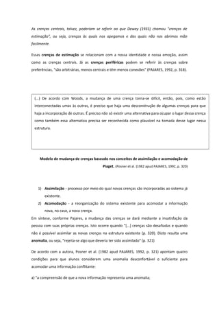 As crenças centrais, talvez, poderiam se referir ao que Dewey (1933) chamou "crenças de
estimação", ou seja, crenças às quais nos apegamos e das quais não nos abrimos mão
facilmente.
Essas crenças de estimação se relacionam com a nossa identidade e nossa emoção, assim
como as crenças centrais. Já as crenças periféricas podem se referir às crenças sobre
preferências, "são arbitrárias, menos centrais e têm menos conexões" (PAJARES, 1992, p. 318).
Modelo de mudança de crenças baseado nos conceitos de assimilação e acomodação de
Piaget. (Posner et al. (1982 apud PAJARES, 1992, p. 320)
1) Assimilação - processo por meio do qual novas crenças são incorporadas ao sistema já
existente.
2) Acomodação - a reorganização do sistema existente para acomodar a informação
nova, no caso, a nova crença.
Em síntese, conforme Pajares, a mudança das crenças se dará mediante a insatisfação da
pessoa com suas próprias crenças. Isto ocorre quando “[...] crenças são desafiadas e quando
não é possível assimilar as novas crenças na estrutura existente (p. 320). Disto resulta uma
anomalia, ou seja, "rejeita-se algo que deveria ter sido assimilado" (p. 321)
De acordo com a autora, Posner et al. (1982 apud PAJARES, 1992, p. 321) apontam quatro
condições para que alunos considerem uma anomalia desconfortável o suficiente para
acomodar uma informação conflitante:
a) "a compreensão de que a nova informação representa uma anomalia;
(...) De acordo com Woods, a mudança de uma crença torna-se difícil, então, pois, como estão
interconectadas umas às outras, é preciso que haja uma desconstrução de algumas crenças para que
haja a incorporação de outras. É preciso não só existir uma alternativa para ocupar o lugar dessa crença
como também essa alternativa precisa ser reconhecida como plausível na tomada desse lugar nessa
estrutura.
 