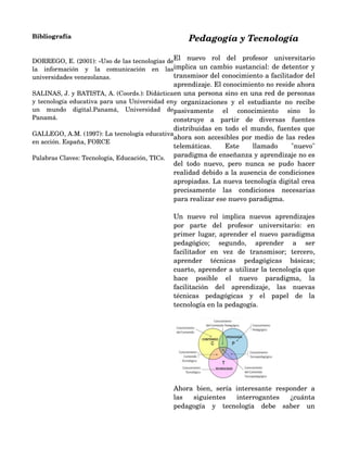 Bibliografía                                            Pedagogía y Tecnología

DORREGO, E. (2001): «Uso de las tecnologías de    nuevo   rol   del   profesor   universitario 
                                                  El
                                                  implica un cambio sustancial: de detentor y 
la   información  y   la   comunicación   en   las 
universidades venezolanas.                        transmisor del conocimiento a facilitador del 
                                               aprendizaje. El conocimiento no reside ahora 
SALINAS, J. y BATISTA, A. (Coords.): Didáctica en una persona sino en una red de personas 
y tecnología educativa para una Universidad en    organizaciones   y   el   estudiante   no   recibe 
                                               y
un   mundo   digital.Panamá,   Universidad   de 
                                               pasivamente   el   conocimiento   sino   lo 
Panamá.                                        construye   a   partir   de   diversas   fuentes 
                                               distribuidas en todo el mundo, fuentes que 
GALLEGO, A.M. (1997): La tecnología educativa 
                                               ahora son accesibles por medio de las redes 
en acción. España, FORCE
                                               telemáticas.   Este   llamado   "nuevo" 
Palabras Claves: Tecnología, Educación, TICs. paradigma de enseñanza y aprendizaje no es 
                                               del   todo   nuevo,   pero   nunca   se   pudo   hacer 
                                               realidad debido a la ausencia de condiciones 
                                               apropiadas. La nueva tecnología digital crea 
                                               precisamente   las   condiciones   necesarias 
                                               para realizar ese nuevo paradigma. 
                                                    
                                               Un   nuevo   rol   implica   nuevos   aprendizajes 
                                               por   parte   del   profesor   universitario:   en 
                                               primer lugar, aprender el nuevo paradigma 
                                               pedagógico;   segundo,   aprender   a   ser 
                                               facilitador   en   vez   de   transmisor;   tercero, 
                                               aprender   técnicas   pedagógicas   básicas; 
                                               cuarto, aprender a utilizar la tecnología que 
                                               hace   posible   el   nuevo   paradigma,   la 
                                               facilitación   del   aprendizaje,   las   nuevas 
                                               técnicas   pedagógicas   y   el   papel   de   la 
                                               tecnología en la pedagogía. 




                                                  Ahora   bien,   sería   interesante   responder   a 
                                                  las   siguientes   interrogantes   ¿cuánta 
                                                  pedagogía   y   tecnología   debe   saber   un 
 