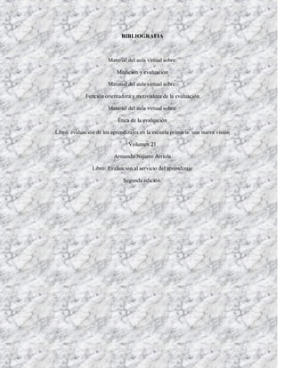 BIBLIOGRAFIA



                       Material del aula virtual sobre:

                           Medición y evaluación

                       Material del aula virtual sobre:

             Función orientadora y motivadora de la evaluación

                       Material del aula virtual sobre:

                            Ética de la evaluación

Libro: evaluación de los aprendizajes en la escuela primaria: una nueva visión

                                Volumen 21

                          Armando Najarro Arriola

                Libro: Evaluación al servicio del aprendizaje

                              Segunda edición.
 