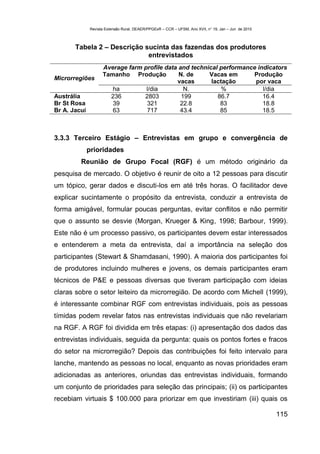 Revista Extensão Rural, DEAER/PPGExR – CCR – UFSM, Ano XVII, n° 19, Jan – Jun de 2010



       Tabela 2 – Descrição sucinta das fazendas dos produtores
                             entrevistados
                    Average farm profile data and technical performance indicators
                    Tamanho Produção          N. de     Vacas em      Produção
Microrregiões
                                             vacas       lactação      por vaca
                       ha         l/dia         N.          %             l/dia
Austrália             236        2803          199         86.7           16.4
Br St Rosa             39         321         22.8          83            18.8
Br A. Jacuí            63         717         43.4          85            18.5



3.3.3 Terceiro Estágio – Entrevistas em grupo e convergência de
              prioridades
         Reunião de Grupo Focal (RGF) é um método originário da
pesquisa de mercado. O objetivo é reunir de oito a 12 pessoas para discutir
um tópico, gerar dados e discuti-los em até três horas. O facilitador deve
explicar sucintamente o propósito da entrevista, conduzir a entrevista de
forma amigável, formular poucas perguntas, evitar conflitos e não permitir
que o assunto se desvie (Morgan, Krueger & King, 1998; Barbour, 1999).
Este não é um processo passivo, os participantes devem estar interessados
e entenderem a meta da entrevista, daí a importância na seleção dos
participantes (Stewart & Shamdasani, 1990). A maioria dos participantes foi
de produtores incluindo mulheres e jovens, os demais participantes eram
técnicos de P&E e pessoas diversas que tiveram participação com ideias
claras sobre o setor leiteiro da microrregião. De acordo com Michell (1999),
é interessante combinar RGF com entrevistas individuais, pois as pessoas
tímidas podem revelar fatos nas entrevistas individuais que não revelariam
na RGF. A RGF foi dividida em três etapas: (i) apresentação dos dados das
entrevistas individuais, seguida da pergunta: quais os pontos fortes e fracos
do setor na microrregião? Depois das contribuições foi feito intervalo para
lanche, mantendo as pessoas no local, enquanto as novas prioridades eram
adicionadas as anteriores, oriundas das entrevistas individuais, formando
um conjunto de prioridades para seleção das principais; (ii) os participantes
recebiam virtuais $ 100.000 para priorizar em que investiriam (iii) quais os

                                                                                                      115
 