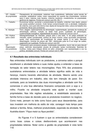 METODOLOGIA DE ENVOLVIMENTO DO SETOR PRODUTIVO LEITEIRO PARA OBTER VISÃO HOLÍSTICA DE PRIORIDADES
                                           PARA PESQUISA E EXTENSÃO


GP – Gestão        Planejamento da propriedade, sistemas mais sustentáveis, definições sobre escala de
de propriedade     produção, estabelecer metas, maior capacidade de suporte das propriedades, cenários
                   para o setor, tratores mais baratos, ordenha mecânica, investimentos na propriedade,
                   gerência de negócios. Pontos em comum com ES, OS, T.
T – Trabalho       Economizar tempo, aumentar a produtividade do trabalho, ordenhar mais rápido, pessoa
                   que possa substituir produtor, muito tempo compromissado com a atividade, instalações
                   de ordenha, cano para leite (forma mais rápida de transportar leite), cultura de trabalho dos
                   produtores, férias para produtores.
N - Nutrição       Feno, silagem, balanceamento da alimentação, suplementação, períodos de mudança de
                   alimentação, aditivos, nutrição na idade mais jovem, qualidade da alimentação,
                   suplementação energética, digestibilidade de pastos. Pontos em comum com P.
PS - Política      Desregulamentação do mercado, preços para o ano todo, % do preço praticado no
para o Setor       mercado, ações coordenadas, política de preço mínimo, preço anunciado previamente,
                   quota, criar oportunidade de investidores da cidade aplicar $ no setor, Mercado
                   desprotegido, controle de preços até 1991, distribuição justa do $ ao longo da cadeia,
                   pagamento por qualidade. Pontos em comum com ES.
OP -               Treinamento para processos grupais, mobilização cooperativa, reunir não só para discutir
Organização        preço, estimular associações, grupos de produção, ações coordenadas, fazendas de
dos produtores     novilhas, metas para integrar atores do setor, produtores com representação e voz na
                   política, atividades comuns. Pontos em comum com C, MR.


      4.1 Resultado das entrevistas individuais
      Nas entrevistas individuais com os produtores, a conversa sobre o porquê
      escolheram a atividade leiteira e suas metas ajudou a entender a base de
      formação do setor leiteiro nas microrregiões. Para 75% dos produtores
      australianos entrevistados a atividade leiteira significa estilo de vida e
      herança, mesmo havendo alternativas de atividade. Mesmo sendo uma
      atividade intensiva em trabalho, eles não tem intenção de parar. Em
      contraste, para os brasileiros das duas microrregiões a atividade com fins
      comerciais é uma boa alternativa financeira comparada com a soja e o
      milho. Ficarão na atividade enquanto esta ajudar a manter suas
      propriedades. Nas três regiões estudadas, a estabilidade associada à
      família forma a base de decisão para os produtores investirem no negócio.
      Como meta, pensam no leite como futuro para seus descendentes, para
      isso investem em melhoria do estilo de vida: conseguir mais tempo para
      dedicar a família, férias, melhorar produtividade, expansão da atividade. Na
      Austrália dizem: “Fique maior ou fique perdido”.

                 As Figuras 4 e 5 ilustram o que os entrevistados consideraram
      como       boas coisas e coisas desfavoráveis que aconteceram                                   nas
      propriedades leiteiras. Notar como a gestão da propriedade é vista tanto
      118
 