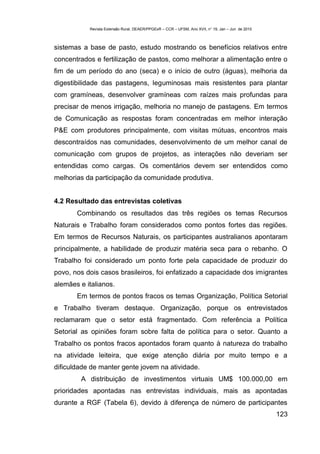 Revista Extensão Rural, DEAER/PPGExR – CCR – UFSM, Ano XVII, n° 19, Jan – Jun de 2010



sistemas a base de pasto, estudo mostrando os benefícios relativos entre
concentrados e fertilização de pastos, como melhorar a alimentação entre o
fim de um período do ano (seca) e o início de outro (águas), melhoria da
digestibilidade das pastagens, leguminosas mais resistentes para plantar
com gramíneas, desenvolver gramíneas com raízes mais profundas para
precisar de menos irrigação, melhoria no manejo de pastagens. Em termos
de Comunicação as respostas foram concentradas em melhor interação
P&E com produtores principalmente, com visitas mútuas, encontros mais
descontraídos nas comunidades, desenvolvimento de um melhor canal de
comunicação com grupos de projetos, as interações não deveriam ser
entendidas como cargas. Os comentários devem ser entendidos como
melhorias da participação da comunidade produtiva.


4.2 Resultado das entrevistas coletivas
       Combinando os resultados das três regiões os temas Recursos
Naturais e Trabalho foram considerados como pontos fortes das regiões.
Em termos de Recursos Naturais, os participantes australianos apontaram
principalmente, a habilidade de produzir matéria seca para o rebanho. O
Trabalho foi considerado um ponto forte pela capacidade de produzir do
povo, nos dois casos brasileiros, foi enfatizado a capacidade dos imigrantes
alemães e italianos.
       Em termos de pontos fracos os temas Organização, Política Setorial
e Trabalho tiveram destaque. Organização, porque os entrevistados
reclamaram que o setor está fragmentado. Com referência a Política
Setorial as opiniões foram sobre falta de política para o setor. Quanto a
Trabalho os pontos fracos apontados foram quanto à natureza do trabalho
na atividade leiteira, que exige atenção diária por muito tempo e a
dificuldade de manter gente jovem na atividade.
        A distribuição de investimentos virtuais UM$ 100.000,00 em
prioridades apontadas nas entrevistas individuais, mais as apontadas
durante a RGF (Tabela 6), devido à diferença de número de participantes
                                                                                                   123
 