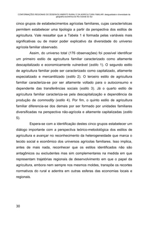 CONFORMAÇÕES REGIONAIS DO DESENVOLVIMENTO RURAL E DA AGRICULTURA FAMILIAR: desigualdade e diversidade da
                                geografia econômica do Rio Grande do Sul


cinco grupos de estabelecimentos agrícolas familiares, cujas características
permitem estabelecer uma tipologia a partir da perspectiva dos estilos de
agricultura. Vale ressaltar que a Tabela 1 é formada pelas variáveis mais
significativas ou de maior poder explicativo da diversidade do universo
agrícola familiar observado.
           Assim, do universo total (176 observações) foi possível identificar
um primeiro estilo de agricultura familiar caracterizado como altamente
descapitalizado e economicamente vulnerável (estilo 1). O segundo estilo
de agricultura familiar pode ser caracterizado como capitalizado, altamente
especializado e mercantilizado (estilo 2). O terceiro estilo de agricultura
familiar caracteriza-se por ser altamente voltado para o autoconsumo e
dependente das transferências sociais (estilo 3). Já o quarto estilo de
agricultura familiar caracteriza-se pela descapitalização e dependência da
produção de commodity (estilo 4). Por fim, o quinto estilo de agricultura
familiar diferencia-se dos demais por ser formado por unidades familiares
diversificadas na perspectiva não-agrícola e altamente capitalizadas (estilo
5).
           Espera-se com a identificação destes cinco grupos estabelecer um
diálogo importante com a perspectiva teórico-metodológica dos estilos de
agricultura e avançar no reconhecimento da heterogeneidade que marca o
tecido social e econômico dos universos agrícolas familiares. Isso implica,
antes de mais nada, reconhecer que os estilos identificados não são
antagônicos ou excludentes mas sim complementares na medida em que
representam trajetórias regionais de desenvolvimento em que o papel da
agricultura, embora nem sempre nos mesmos moldes, transpõe os recortes
normativos do rural e adentra em outras esferas das economias locais e
regionais.




30
 
