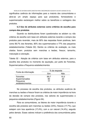 MODELOS DE SISTEMAS AGROFLORESTAIS PARA A MESORREGIÃO SUDOESTE DE MATO GROSSO DO SUL

significativa carência de informações para a maioria dos consumidores e
abre-se     um   amplo      espaço      para     que     produtores,      fornecedores      e
supermercados esclareçam melhor sobre os benefícios e vantagens dos
produtos.
          b.3 Uso de atributos externos como critérios de escolha para
compra dos produtos
          Quando os distribuidores foram questionados se adotam ou não
critérios de escolha com base em atributos externos durante a compra dos
produtos para revender, mais de 80% das respostas foram positivas, bem
como 89,7% dos feirantes, 80% dos supermercados e 77% dos pequenos
estabelecimentos (Tabela 02). Dentre os critérios de avaliação, os mais
citados foram: produtos sem manchas e lesões, frescor, tamanho,
maturação e coloração.

Tabela 02 - Adoção de critérios com base em atributos externos, para a
escolha dos produtos no momento da aquisição, por parte de Feirantes,
Supermercados e Pequenos estabelecimentos

                                                         % de resposta
          Fonte de informação
                                                      Sim                 Não
          Feirantes                                  89,7                 10,3
          Supermercados                               80                   20
          Pequenos                                    77                   23
          estabelecimentos

          No processo de escolha dos produtos, os atributos ausência de
manchas ou lesões e frescor foram os critérios de maior importância na hora
da decisão de compra dos produtos, nos setores de supermercados e
pequenos estabelecimentos (Figura 04).
          Para os consumidores, os fatores de maior importância durante a
escolha são produtos sem manchas ou lesões (33%), frescos (17,7%), que
estejam com boa aparência (17,4%), com a cor natural (14,4%), seguido
pelos demais. Esses valores indicam a preferência dos consumidores pelos

60
 