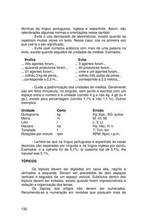 técnicas da língua portuguesa, inglesa e espanhola. Assim, são
relembradas algumas normas e orientações nesse sentido:
        - Evite o uso demasiado de abreviaturas, exceto quando se
repetirem muitas vezes no texto. Nesse caso, cite na primeira vez
que usá-la o seu significado;
        - Evite usar números arábicos com mais de uma palavra no
texto, exceto quando seguidos de unidades de medida. Exemplos:

    Prefira                            Evite
... três agentes foram...          ... 3 agentes foram...
... quarenta produtores foram...   ... 40 produtores foram...
... 21 agentes foram...            ... vinte e um agentes foram...
... colheu 3 kg de peras...        ... colheu três quilos de peras...
...corresponde a 2,3 m...          ... corresponde a 2,3 metros...

       - Cuide a padronização das unidades de medida. Geralmente
são em letra minúscula, no singular, sem ponto e escritas com um
espaço entre o número e a unidade (correto 4 g e não 4g, 4 gs ou 4
gs.), exceto para percentagem (correto 1,1% e não 1,1 %). Outros
exemplos:

Unidade                 Certo                  Errado
Quilograma              kg                     Kg; Kgs.; KG; quilos
Metro                   m                      M; mt; Mt
Litro                   l                      L; lt; Lt
Hectare                 ha                     Ha; Hec; H; h
Tonelada                t                      T; Ton; ton
Rotações por minuto     rpm                    RPM; Rpm; r.p.m.

      - Lembre-se que na língua portuguesa e espanhola as casas
decimais são separadas por vírgulas e na língua inglesa por ponto.
Exemplos: o a colheita foi de 5,1%; la cosecha fué de 5,1%; the
harvest was 5.1%.

TÓPICOS

        Os tópicos devem ser digitados em caixa alta, negrito e
alinhados a esquerda. Devem ser precedidos de dois espaços
verticais e seguidos de um espaço vertical. Subtítulos dentro dos
tópicos devem ser evitados, exceto quando forem imprescindíveis à
redação e organização dos temas.
        Os tópicos dos artigos não devem ser numerados.
Recomenda-se a numeração em revisões que possuam mais de



130
 