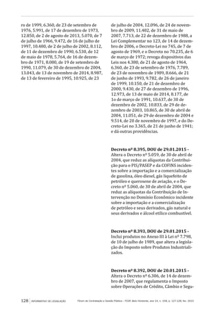 Fórum de Contratação e Gestão Pública – FCGP, Belo Horizonte, ano 14, n. 158, p. 127-128, fev. 2015
Tribunal Regional Federal da 2ª Região
128 INFORMATIVO DE LEGISLAÇÃO
ro de 1999, 6.360, de 23 de setembro de
1976, 5.991, de 17 de dezembro de 1973,
12.850, de 2 de agosto de 2013, 5.070, de 7
de julho de 1966, 9.472, de 16 de julho de
1997, 10.480, de 2 de julho de 2002, 8.112,
de 11 de dezembro de 1990, 6.530, de 12
de maio de 1978, 5.764, de 16 de dezem-
bro de 1971, 8.080, de 19 de setembro de
1990, 11.079, de 30 de dezembro de 2004,
13.043, de 13 de novembro de 2014, 8.987,
de 13 de fevereiro de 1995, 10.925, de 23
de julho de 2004, 12.096, de 24 de novem-
bro de 2009, 11.482, de 31 de maio de
2007, 7.713, de 22 de dezembro de 1988, a
Lei Complementar no 123, de 14 de dezem-
bro de 2006, o Decreto-Lei no 745, de 7 de
agosto de 1969, e o Decreto no 70.235, de 6
de março de 1972; revoga dispositivos das
Leis nos 4.380, de 21 de agosto de 1964,
6.360, de 23 de setembro de 1976, 7.789,
de 23 de novembro de 1989, 8.666, de 21
de junho de 1993, 9.782, de 26 de janeiro
de 1999, 10.150, de 21 de dezembro de
2000, 9.430, de 27 de dezembro de 1996,
12.973, de 13 de maio de 2014, 8.177, de
1o de março de 1991, 10.637, de 30 de
dezembro de 2002, 10.833, de 29 de de-
zembro de 2003, 10.865, de 30 de abril de
2004, 11.051, de 29 de dezembro de 2004 e
9.514, de 20 de novembro de 1997, e do De-
creto-Lei no 3.365, de 21 de junho de 1941;
e dá outras providências.
Decreto nº 8.395, DOU de 29.01.2015 -
Altera o Decreto nº 5.059, de 30 de abril de
2004, que reduz as alíquotas da Contribui-
ção para o PIS/PASEP e da COFINS inciden-
tes sobre a importação e a comercialização
de gasolina, óleo diesel, gás liquefeito de
petróleo e querosene de aviação, e o De-
creto nº 5.060, de 30 de abril de 2004, que
reduz as alíquotas da Contribuição de In-
tervenção no Domínio Econômico incidente
sobre a importação e a comercialização
de petróleo e seus derivados, gás natural e
seus derivados e álcool etílico combustível.
Decreto nº 8.393, DOU de 29.01.2015 -
Inclui produtos no Anexo III à Lei nº 7.798,
de 10 de julho de 1989, que altera a legisla-
ção do Imposto sobre Produtos Industriali-
zados.
Decreto nº 8.392, DOU de 20.01.2015 -
Altera o Decreto nº 6.306, de 14 de dezem-
bro de 2007, que regulamenta o Imposto
sobre Operações de Crédito, Câmbio e Segu-
 