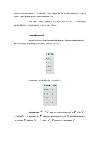 disjuntos são excludentes. Por exemplo: "Uma moeda ao ser lançada resulta em cara ou
coroa", "Nestas férias eu vou viajar ou ficar em casa".
Para estes casos usamos a disjunção exclusiva ou a bi-implicação
combinada com a negação, como veremos mais adiante.
Implicação material
A implicação entre duas fórmulas só é falsa se a da esquerda (antecedente)
for verdadeira e da direita (consequente) for falsa. A saber:
P Q P→Q
V V V
V F F
F V V
F F V
Repare que a implicação não é comutativa:
P Q P→Q Q→P
V V V V
V F F V
F V V F
F F V V
Interpretação: " " pode ser interpretada como "Se , então ", "
implica ", "Se a proposição ' ' é verdade, então a proposição ' ' também é verdade",
"A partir de ' ' inferimos ' ' ", " satisfaz ", " é condição suficiente de ".
 