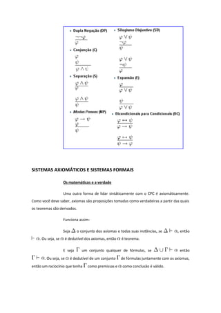SISTEMAS AXIOMÁTICOS E SISTEMAS FORMAIS
Os matemáticos e a verdade
Uma outra forma de lidar sintáticamente com o CPC é axiomáticamente.
Como você deve saber, axiomas são proposições tomadas como verdadeiras a partir das quais
os teoremas são derivados.
Funciona assim:
Seja o conjunto dos axiomas e todas suas instâncias, se , então
. Ou seja, se é dedutível dos axiomas, então é teorema.
E seja um conjunto qualquer de fórmulas, se então
. Ou seja, se é dedutível de um conjunto de fórmulas juntamente com os axiomas,
então um raciocínio que tenha como premissas e como conclusão é válido.
 