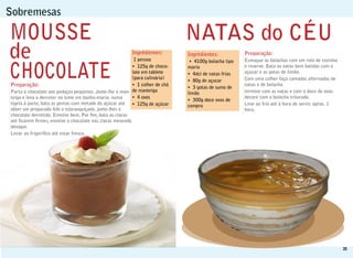 Sobremesas

                                                                             NATAS do CÉU
de                                                      Ingrédientes:
                                                          1 pessoa
                                                         • 125g de choco-
                                                                             Ingrédientes:
                                                                              • 4100g bolacha tipo
                                                                             maria
                                                                                                     Preparação:
                                                                                                     Esmague as bolachas com um rolo de cozinha
                                                                                                     e reserve. Bata as natas bem batidas com o
                                                         late em tablete     • 4dcl de natas frias   açucar e as gotas de limão.
                                                         (para culinária)                            Com uma colher faça camadas alternadas de
                                                                             • 80g de açucar
Preparação:                                              • 1 colher de chá
                                                                             • 3 gotas de sumo de
                                                                                                     natas e de bolacha.
Parta o chocolate aos pedaços pequenos. Junte-lhe a man- de manteiga         limão                   termine com as natas e com o doce de ovos.
teiga e leva a derreter no lume em banho-maria. numa     • 4 ovos                                    decore com a bolacha triturada.
                                                                             • 300g doce ovos de
tigela à parte, bata as gemas com metade do açúcar até • 125g de açúcar      compra                  Leve ao frio até à hora de servir. aprox. 1
obter um preparado fofo e esbranquiçado. junte-lhes o                                                hora.
chocolate derretido. Envolve bem. Por m, bata as claras
até carem rmes, envolve o chocolate nas claras mexendo
devagar.
Levar ao frigori co até estar fresca.




                                                                                                                                                   35
 