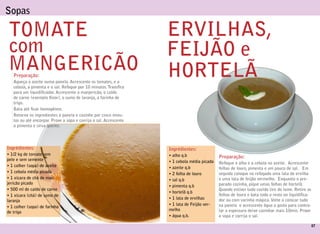 Sopas

TOMATE                                                             ERVILHAS,
com                                                                FEIJÃO e
MANGERICÃO
   Preparação:                                                     HORTELÃ
   Aqueça o azeite numa panela. Acrescente os tomates, e a
   cebola, a pimenta e o sal. Refogue por 10 minutos. Transfira
   para um liquidificador. Acrescente o manjericão, o caldo
   de carne (exemplo Knor), o sumo de laranja, a farinha de
   trigo.
   Bata até ficar homogêneo.
   Retorne os ingredientes à panela e cozinhe por cinco minu-
   tos ou até encorpar. Prove a sopa e corrija o sal. Acrescente
   a pimenta e sirva quente.




Ingrédientes:                                                      Ingrédientes:
• 1/2 kg de tomate sem                                             • alho q.b                Preparação:
pele e sem semente                                                 • 1 cebola média picada   Refogue o alho e a cebola no azeite. Acrescente
• 1 colher (sopa) de azeite                                        • azeite q.b              folhas de louro, pimenta e um pouco de sal. Em
• 1 cebola média picada                                            • 2 folha de louro        seguida coloque no refogado uma lata de ervilha
• 1 xícara de chá de man-                                          • sal q.b                 e uma lata de feijão vermelho. Enquanto o pre-
jericão picado                                                                               parado cozinha, pique umas folhas de hortelã.
                                                                   • pimenta q.b
• 500 ml de caldo de carne                                                                   Quando estiver tudo cozido tire do lume. Retire as
                                                                   • hortelã q.b
• 1 xícara (chá) de sumo de                                                                  folhas de louro e bata todo o resto no liquidifica-
                                                                   • 1 lata de ervilhas      dor ou com varinha mágica. Volte a colocar tudo
laranja
                                                                   • 1 lata de Feijão ver-   na panela e acrescente àgua a gosto para contro-
• 1 colher (sopa) de farinha
                                                                   melho                     lar a espessura deixe cozinhar mais 10min. Prove
de trigo
                                                                   • água q.b.               a sopa e corrija o sal.

                                                                                                                                                   07
 