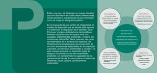 Estos, a su vez, se disgregan en nuevos desafíos
que son abordados en cuatro áreas diferenciadas,
siendo acordes a la interacción de las mismas tal
como se coteja en el siguiente gráfico.
En la búsqueda de ese sentido de integralidad, el
modelo de desarrollo que se adopte debe apuntar
a la definición e integración de la identidad local.
Promover procesos articuladores democráticos,
fomentar la producción de riqueza local con
equidad y sostenibilidad ambiental, y mejorar las
condiciones del hábitat. Debe, además, ser capaz
de materializar en el territorio los espacios y la
infraestructura necesaria para la consecución de
un Junín plenamente desarrollado en los aspectos
culturales, económicos, ambientales y sociales. De
esta manera se busca un desarrollo capaz de
asegurar la satisfacción de las necesidades
presentes sin comprometer la capacidad de las
generaciones futuras. Lo que implica un desarrollo
ambiental, social, cultural y políticamente
sustentable.
IDENTIDAD LOCAL
EQUIDAD SOCIAL
SUSTENTABILIDAD AMBIENTAL
GOBERNABILIDAD DEMOCRÁTICA
COMPETITIVIDAD ECONÓMICA
E INNOVACIÓN TECNOLÓGICA
ÁREA AMBIENTAL
- Uso racional del agua.
- Manejo integral de los residuos.
- Reconversión energética.
- Manejo sustentable de los
recursos naturales.
ÁREA ECONÓMICA
- Empleabilidad y formación.
- Desarrollo de las actividades
productivas y de servicios.
- Sistema de información
estratégica.
- Posicionamiento regional.
ÁREA URBANA
- Desarrollo de la movilidad.
- Reorganización del territorio.
- Promoción de instrumentos para
la expansión de sectores urbanos.
- Calidad del espacio público.
ÁREA SOCIAL
- Abordaje integral de los grupos
vulnerables.
- Hábitat y vivienda.
- Promoción de la salud.
- Calidad educativa.
- Pueblos.
 