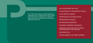 C....................... USO SUSTENTABLE DEL AGUA
PLAN INTEGRAL DE TRANSPORTE PÚBLICO
PLAN FORESTAL URBANO
PROMOCIÓN DE ACCIONES DE RSE
PROMOCIÓN DEL EMPLEO
INFORMACIÓN ESTADÍSTICA
PEQUEÑOS GRANDES CIUDADANOS
DESARROLLO INTEGRAL DE LOS NIÑOS:
FORTALECIENDO A LAS FAMILIAS
SEGURIDAD VIAL
FORTALECIMIENTO DEL ÁMBITO BARRIAL
En el Taller de Consejo de Ciudad realizado en
diciembre de 2011, además de acordar la visión
de ciudad, líneas de actuación y la cartera de
ideas proyecto, se priorizaron tres de estas por
cada línea, estos son:
 