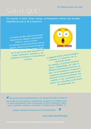 ¿SABÍAS QUÉ?…
La primera de ellas, aisla a los procesos
educativos de cualquier condicionante
histórico, social y cultural.
Sin embargo, la educación proporciona los
saberes, valores y prácticas sociales que
difieren en cada cultura, tiempo y lugar,
por lo que los procesos educativos no
pueden mantenerse neutrales y sin
considerar a la historia, a la sociedad y a
la cultura
De acuerdo al autor Jorge Huergo, erróneamente existen dos miradas
hegemónicas acerca de lo educativo:
La segunda mirada, vincula de manera
exclusiva a lo educativo con la
institución escolar.
Sin embargo, un proceso educativo
abarca complejidades, así como la
influencia de diferentes factores, es
decir; no es únicamente a través de la
escuela que aprendemos saberes que
nos hacen funcionar socialmente, sino
también, lo que aprendemos en la
familia, en la comunidad, en los medios
de comunicación, etc.
o que concierne específicamente a un proceso educativo consiste en
que a partir de una práctica de interpelación, el agente se constituya como
un sujeto de educación activo incorporando de dicha interpelación algún
nuevo contenido valorativo, conductual conceptual que modifique su
práctica cotidiana en terminos de una transformación…
Rosa Nidia Buenfil Burgos
Fuente: Huergo, Jorge. Lo que articula lo educativo en las prácticas socioculturales
Por Villarreal Salinas Rosa Isela
 