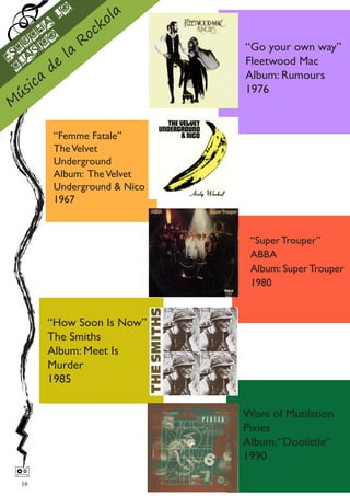 lo
                          o la
       h
         a
                      o ck
     c
    u ico            R
                la
  c s                              “Go your own way”
Es la
         de
                                   Fleetwood Mac
  c
         a                         Album: Rumours
  ú  sic                           1976
M

              “Femme Fatale”
              The Velvet
              Underground
              Album: The Velvet
              Underground & Nico
              1967


                                    “Super Trouper”
                                    ABBA
                                    Album: Super Trouper
                                    1980


             “How Soon Is Now”
             The Smiths
             Album: Meet Is
             Murder
             1985

                                   Wave of Mutilation
                                   Pixies
                                   Album: “Doolittle”
                                   1990
 
    16
 