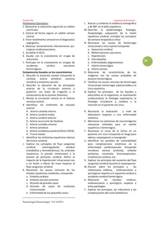 Posadas NG                                                                      programa de formación…
Perfomance Quirúrgico:                              L. Asociar y combinar la evidencia tomográfica
1 .Demostrar la colocación segura de un catéter        y de RM en el daño isquémico.
    ventricular                                     M. Describir la epidemiología, fisiología,
2. Colocar de forma segura un catéter venoso           fisiopatología subyacente de la lesión
    central.                                           isquémica cerebral, incluidos los conceptos
3. Tener rendimiento semanal en el diagnostico         de ventana terapéutica critica.
    angiográico.                                    N. Reconocer las causas de hemorragia
4. Observar semanalmente intervenciones qui-           intracraneal e intra espinal incluyendo:
    rúrgicas cerebrovasculares.                        a. Aneurisma cerebral
5. Acreditar el ACLS.                                  b. Malformaciones vasculares.
6. Ayudar con la craneotomía en cirugía de             c. Hipertensión
    aneurisma.                                         d. Vasculopatías
                                                                                                         26
7. Participar en la craneotomía en cirugías de         e. Enfermedades degenerativas
    accidentes         cerebro         vasculares      f. Infarto hemorrágico
    hemorrágicos.                                      g. Infarto venoso.
Competencias basadas en los conocimientos           O. Relacionar las características de las
1. Describir la anatomía craneal incluyendo la         imágenes con las causas probables de
    carótida, arteria vertebral, columna               lesiones hemorrágicas
    vertebral y anatomía vascular.                  P. Clasificar las causas comunes de hemorragia
2. Describir la ubicación de las principales           intracraneal, hemorragia subaracnoidea y el
    arterias de la circulación anterior y              ictus isquémico.
    posterior, sus áreas de irrigación y la         Q. Explicar los principios de los líquidos y
    consecuencia de la oclusión (lesiones).            electrolitos en el organismo, la reanimación
3. Revisar la circulación venosa en el sistema         cardiocerebral, la fisiología respiratoria, la
    nervioso central.                                  fisiología circulatoria y cardiaca y la
4. Identificar los síndromes de oclusión               nutrición en el paciente con ictus.
    arterial:
    A. Arteria carótida interna                     R. Reconocer la evaluación          a nivel de
    B. Arteria cerebral media.                         laboratorio respecto a una enfermedad
    C. Arteria cerebral anterior                       sistémica.
    D. Arteria recurrente de Heubner.               S. Mencionar los exámenes de neuroimágenes
    E. Arteria coroidea anterior                       necesarios utilizados para un evento
    F. Arteria vertebral.                              isquémico y hemorrágico.
    G. Arteria cerebelosa posteroinferior (PICA)    T. Reconocer el curso de la clínica en un
    H. Tronco basilar.                                 paciente con ictus incluyendo el riesgo para
I. Identificar los síndromes isquémicos clásicos       edema, vasoespasmo o resangrado.
    del tronco cerebral.                            U. Identificar los periodos de vulnerabilidad
J. Explicar los conceptos de flujo sanguíneo           para complicaciones sistémicas en la
    cerebral,      autorregulación       cerebral      enfermedad cerebrovascular incluyendo
    (metabólica y hemodinámica), los umbrales          trombosis venosa profunda, embolia
    isquémicos, la presión intracraneal y la           pulmonar, neumonía, broncoaspiracion,
    presión de perfusión cerebral. Definir el          insuficiencia cardiaca, etc.
    impacto de la hipertensión intracraneal con     V. Explicar los principios del aumento del flujo
    y sin lesión o efecto de masa respecto al          sanguíneo cerebral durante el vasoespasmo.
    flujo sanguíneo cerebral.                       W. Discutir sobre los principios y            las
K. Reconocer las causas comunes de los                 indicaciones médicas, endovasculares y
    estados isquémicos cerebrales, incluyendo:         quirúrgicas respecto a la isquemia cerebral y
    a. Embolia cardiaca                                accidente cerebral hemorrágico.
    b. Embolia vascular proximal                    X. Relacionar      los     tiempos      médicos,
    c. Oclusión de grandes vasos                       endovasculares y quirúrgicos respecto a
    d. Oclusión de vasos de conductos                  estas patologías.
        intracraneales                              Y. Explicar los principios, las indicciones y las
    e. Enfermedad de los pequeños vasos.               complicaciones del coma barbitúrico.


Neurocirugía-Neurocirurgia / Vol 16/2011
 