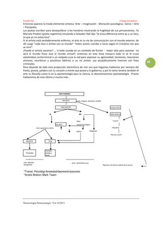 Posadas NG                                                                                                                       el fuego psicopático…
Entonces aparece la triada elemental artística: Arte – Imaginación - Alteración psicológica; Genio – Arte
– Psicopatía.
Los poetas escriben para desequilibrar a los hombres mostrando la fragilidad de sus pensamientos. Ya
Marcela Predieri (poeta argentina) emulando a Salvador Dalí dijo “la única diferencia entre yo y un loco,
es que yo no estoy loco”
Si el artista está verdaderamente enfermo, el arte es su vía de comunicación con el mundo exterior; de
allí surge “cada loco o artista con su mundo” “todos somos cuerdos o locos según el cristalino con que
se mire”.
¿Puede el artista asesinar? … si todo sucede en un contexto de ficción - mejor sitio para asesinar no
será el mundo físico sino el mundo virtual?; entonces en esta línea masacra todo lo se le cruza
volviéndose archicriminal o un neópata (usa la red para expresar su agresividad, tensiones, reacciones
ansiosas, neuróticas y psicóticas (delirio) o un no artista: usa picopáticamente Internet con fines
                                                                                                                                                         40
criminales.
Pero dejando de lado esta proyección electrónica de mal uso que hagamos hablemos por siempre del
Poeta, poesía, palabra con su corazón y mente que posee y lo gobierna, y por lo tanto tendría también el
arte su filosofía como lo es la epistemología para la ciencia, lo denominaremos epiestetología. Pronto
hablaremos de este último y mucho más…




                                                GEN HUMANO



                                                       ARTISTA         :crea, imagina, descubre, enseña


                                                  PSICOPATÍA                                                        COLECTIVO


                                    SI                                    NO                                        IDEA NUEVA



                                                                       Stres                                           "LOCO"

                                             DELIRIO                   *transt.Psicológico

                 vive y goza de su delirio                                                                            TRIUNFO

                                                                       Delirio            Relajación

                                                                                                                    "NO ES LOCO"


   MUERTE                         VIDA




                              Grandes
   Psicópata                  artistas y
                              obras



odio, desamor,                                                   amor, sentimiento puro
devastación                                                                                               Reprime a la fuerza creativa de la locura



*Transt. Psicológico:
                  Ansiedad/depresión/psicosis
*Andre Breton/ Mark Twain




Neurocirugía-Neurocirurgia / Vol 16/2011
 