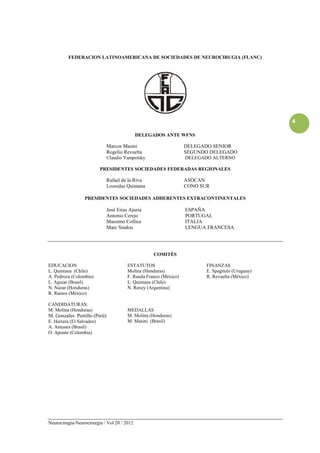 FEDERACION LATINOAMERICANA DE SOCIEDADES DE NEUROCIRUGIA (FLANC)




                                                                                                  4

                                             DELEGADOS ANTE WFNS

                              Marcos Masini                        DELEGADO SENIOR
                              Rogelio Revuelta                     SEGUNDO DELEGADO
                              Claudio Yampolsky                    DELEGADO ALTERNO

                           PRESIDENTES SOCIEDADES FEDERADAS REGIONALES

                              Rafael de la Riva                    ASOCAN
                              Leonidas Quintana                    CONO SUR

                  PRESIDENTES SOCIEDADES ADHERENTES EXTRACONTINENTALES

                              José Eiras Ajuria                    ESPAÑA
                              Antonio Cerejo                       PORTUGAL
                              Massimo Collice                      ITALIA
                              Marc Sindou                          LENGUA FRANCESA




                                                    COMITÉS

EDUCACION                               ESTATUTOS                         FINANZAS
L. Quintana (Chile)                     Molina (Honduras)                 E. Spagnulo (Uruguay)
A. Pedroza (Colombia)                   F. Rueda Franco (México)          R. Revuelta (México)
L. Aguiar (Brasil)                      L. Quintana (Chile)
N. Nazar (Honduras)                     N. Renzy (Argentina)
R. Ramos (México)

CANDIDATURAS:
M. Molina (Honduras)                    MEDALLAS
M. Gonzales Portillo (Perú)             M. Molina (Honduras)
E. Herrera (El Salvador)                M. Masini (Brasil)
A. Antunes (Brasil)
O. Aponte (Colombia)




Neurocirugía-Neurocirurgia / Vol 20 / 2012
 