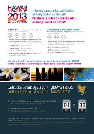 ¡¡Enhorabuena a los caliﬁcados
                                                        al Rally Global de Hawai!!
                                                        Parabéns a todos os qualiﬁcados
                                                        ao Rally Global do Havai!!

           Alain Bibal ha caliﬁcado en el nivel de 5.000 puntos /             Adela Roset & Joan Marc Salvadé
           Qualiﬁcou-se no nível de 5.000 pontos                              han caliﬁcado en el nivel de 1.500 puntos / Qualiﬁcaram-se para o
                                                                              nível de 1.500 pontos



           • Billetes de avión para dos personas, alojamiento en un hotel
             de 5* durante 9 días y 8 noches / Bilhetes de avião para duas    • Billetes de avión para dos personas, alojamiento en un hotel de 5*
             pessoas, alojamento e um hotel de 5* durante 9 dias e 8 noites     durante 6 días y 5 noches / Bilhetes de avião para 2 pessoas, aloja-
                                                                                mento num hotel de 5* durante 6 dias e 5 noites
           • $ 2.000 para gastos / 2.000$ para gastos
                                                                              • $ 500 para gastos / 500$ para gastos
           • $ 540 para comidas / 540$ para refeições
                                                                              • $ 360 para comidas / 360$ para refeições
           • $ 500 para actividades / 500$ para actividades
                                                                              • $ 300 para actividades / 300$ para actividades
           • Uso de la ﬁla VIP en la zona de compras del Rally / Uso da ﬁla
             VIP na zona de compras do Rally



           Muchas felicidades y esperamos las fotos de este estupendo viaje. ALOHA!
           Muitas felicidades e esperamos pelas fotos desta estupenda viagem. ALOHA!




           Calificación Gerente Aguila 2014 - ¡NUEVAS FECHAS!
           Qualificação Gerente Águia 2014 - NOVAS DATAS!

           El retiro tendrá lugar en el mes de septiembre de 2014.                                           2013                          2014
           O retiro realizar-se-á em setembro de 2014. 
                                                                                                                             al
           El periodo de caliﬁcación es del:
                                                                                                                             e
                                                                                                               MAYO                         ABRIL
           O período de qualiﬁcação decorre entre:                                                             MAIO                         ABRIL



           Del 1/1/13 al 30/4/13 no se caliﬁcará para este incentivo, utiliza estos meses para construir tu negocio y ¡caliﬁcar
           para el Chairman’s Bonus.
           Entre 01/01/13 e 30/04/13, uma vez que não se encontra em período de qualiﬁcação, aproveite para construir o
           seu negócio e qualiﬁcar-se para o Chairman’s Bonus!




AF _ REVISTA FOREVER N26 _ 22-01-13.indd 18                                                                                                            22/01/13 18:59
 