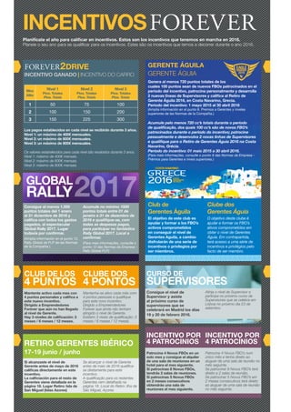 INCENTIVOS
Planifícate el año para calificar en incentivos. Estos son los incentivos que tenemos en marcha en 2016.
Planeie o seu ano para se qualificar para os incentivos. Estes são os incentivos que temos a decorrer durante o ano 2016.
INCENTIVO GANADO | INCENTIVO DO CARRO
Mes
Mês
Nivel 1
Ptos. Totales
Ptos. Totais
Nivel 2
Ptos. Totales
Ptos. Totais
Nivel 3
Ptos. Totales
Ptos. Totais
1 50 75 100
2 100 150 200
3 150 225 300
Los pagos establecidos en cada nivel se recibirán durante 3 años.
Nivel 1: un máximo de 400€ mensuales.
Nivel 2: un máximo de 600€ mensuales.
Nivel 3: un máximo de 800€ mensuales.
Os valores estabelecidos para cada nível são recebidos durante 3 anos.
Nível 1: máximo de 400€ mensais.
Nível 2: máximo de 600€ mensais.
Nível 3: máximo de 800€ mensais.
GERENTE ÁGUILA
GERENTE ÁGUIA
Genera al menos 720 puntos totales de los
cuales 100 puntos sean de nuevos FBOs patrocinados en el
periodo del incentivo, patrocina personalmente y desarrolla
2 nuevas líneas de Supervisores y califica al Retiro de
Gerente Águila 2016, en Costa Navarino, Grecia.
Periodo del incentivo: 1 mayo 2015 al 30 abril 2016
(Amplia información en el punto 8. Premios a Gerentes y niveles
superiores de las Normas de la Compañía.)
Acumule pelo menos 720 cc’s totais durante o período
de qualificação, dos quais 100 cc’s são de novos FBO’s
patrocinados durante o período do incentivo; patrocine
pessoalmente e desenvolva 2 novas linhas de Supervisores
e qualifique para o Retiro de Gerentes Águia 2016 na Costa
Navarino, Grécia.
Período do incentivo: 01 maio 2015 a 30 abril 2016.
(Para mais informações, consulte o ponto 8 das Normas da Empresa -
Prémios para Gerentes e níveis superiores.)
Club de
Gerentes Águila
El objetivo de este club es
ayudar y formar a los FBO’s
activos comprometidos
en conseguir el nivel de
Gerentes Aguila, a cambio
disfrutarán de una serie de
incentivos o privilegios por
ser miembros.
Clube dos
Gerentes Águia
O objetivo deste clube é
ajudar e formar os FBO’s
ativos comprometidos em
obter o nível de Gerentes
Águia. Em contrapartida,
terá acesso a uma série de
incentivos e privilégios pelo
facto de ser membro.
Consigue al menos 1.500
puntos totales del 1 enero
al 31 diciembre de 2016 y
califica con todos los gastos
pagados, al espectacular
Global Rally 2017. Lugar
todavía por confirmar.
(Amplia información en el punto 12.
Rally Global de FLP de las Normas
de la Compañía.)
Acumule no mínimo 1500
pontos totais entre 01 de
janeiro e 31 de dezembro de
2016 e qualifique-se, com
todas as despesas pagas,
para participar no fantástico
Rally Global 2017. Local a
confirmar.
(Para mais informações, consulte o
ponto 12 das Normas da Empresa -
Rally Global FLP.)
Mantente activo cada mes con
4 puntos personales y califica a
este nuevo incentivo.
Dirigido a Emprendedores
Forever que aún no han llegado
al nivel de Gerente.
Hay 3 niveles de calificación: 3
meses / 6 meses / 12 meses.
Mantenha-se ativo cada mês com
4 pontos pessoais e qualifique
para este novo incentivo.
Dirigido a Empreendedores
Forever que ainda não tenham
atingido o nível de Gerente.
Existem 3 níveis de qualificação: 3
meses / 6 meses / 12 meses.
Patrocina 4 Novus FBOs en un
solo mes y consigue el alquiler
de una sala de reuniones en un
hotel para el mes siguiente.
Si patrocinas 8 Novus FBOs,
tendrás 2 salas de reuniones.
Si patrocinas 5 Novus FBOs
en 2 meses consecutivos
obtendrás una sala de
reuniones el mes siguiente.
Patrocine 4 Novus FBO’s num
único mês e tenha direito ao
aluguer de uma sala de reunião no
mês seguinte.
Se patrocinar 8 Novus FBO’s terá
direito a 2 salas de reunião.
Se patrocinar 5 Novus FBO’s em
2 meses consecutivos terá direito
ao aluguer de uma sala de reunião
no mês seguinte.
Si alcanzaste el nivel de
Gerente antes de mayo de 2016
calificas directamente en este
incentivo.
La calficiación para el resto de
Gerentes viene detallada en la
página 18. Lugar Retiro: Isla de
San Miguel (Islas Azores)
Se alcançar o nível de Gerente
antes de maio de 2016 qualifica-
se diretamente para este
incentivo.
A qualificação para os restantes
Gerentes vem detalhada na
página 18. Local do Retiro: Ilha de
São Miguel, Açores.
Consigue el nivel de
Supervisor y asiste
al próximo curso de
supervisores que se
celebrará en Madrid los días
19 y 20 de febrero 2016.
Atinja o nível de Supervisor e
participe no próximo curso de
Supervisores que se celebra em
Lisboa no próximo dia 23 de
setembro.
CLUB DE LOS
4 PUNTOS
CLUBE DOS
4 PONTOS
INCENTIVO POR
4 PATROCINIOS
INCENTIVO POR
4 PATROCÍNIOSRETIRO GERENTES IBÉRICO
17-19 junio / junho
CURSO DE
SUPERVISORES
 