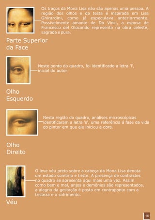 Os traços da Mona Lisa não são apenas uma pessoa. A
             região dos olhos e da testa é inspirada em Lisa
             Ghirardini, como já especulava anteriormente.
             Possivelmente amante de Da Vinci, a esposa de
             Francesco del Giocondo representa na obra celeste,
             sagrada e pura.

Parte Superior
da Face


            Neste ponto do quadro, foi identificado a letra 'l',
            inicial do autor




Olho
Esquerdo


              Nesta região do quadro, análises microscópicas
              identificaram a letra 's', uma referência á fase da vida
              do pintor em que ele iniciou a obra.



Olho
Direito


           O leve véu preto sobre a cabeça da Mona Lisa denota
           um estado sombrio e triste. A presença de contrastes
           no quadro se apresenta aqui mais uma vez. Assim
           como bem e mal, anjos e demônios são representados,
           a alegria da gestação é posta em contraponto com a
           tristeza e o sofrimento.

Véu

                                                                   16
 