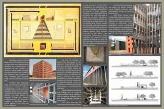 o cone, prismas e o cubo, Rossi                No desenho de implantação,
                                                                                                                 contrapõe-se ao modernismo ao          que parece um quadro artístico,
                                                                                                                 manter a linguagem arquitetônica       vemos também expressas essas
                                                                                                                 do entorno e aplica, antecipa-         preocupações formais de maneira
                                                                                                                 damente, a sua interpretação futura    bastante clara.
                                                                                                                 de genius loci, onde cada lugar é              Aldo Rossi resolve suas
                                                                                                                 regido por um deus – segundo os        composições sempre baseadas em
                                                                                                                 gregos. Rossi também mantém em         figuras geométricas planas e
                                                                                                                 seu projeto a tipologia original com   espaciais com figuras geométricas
                                                                                                                 um grande pátio central, cercado       simples e regulares, como
                                                                                                                 por colunatas onde eram alocados       quadrados, círculo, octógonos,
                                                                                                                 os nichos fúnebres, além de criar um   tornando uma marca registrada dos
                                                                                                                 segundo pátio, também cercado por      seus trabalhos, como podemos
                                                                                                                 extensas galerias sobre pórticos,      observar no Teatro do Mundo (vide
                                                                                                                 com dois ou três pisos e que           pág. X), City Hall de Sandicci e
                                                                                                                 continham nichos para urnas            outros.
                                                                                                                 cinerárias. Os ossários ficaram
                                                                                                                 dispostos axialmente no centro do
                                                                                                                 pátio principal, alinhados de forma
                                                                                                                 linear e repetidos paralelamente em
                                                                                                                 formato triangular.




                                                                                                                                                        Vista Externa: Galerias               Vista Interna: Sacrário dos Mortos



        Aldo Rossi, junto com Gianni                                              Na base do triângulo, o
Braghieri em 1971, desenvolve uma                                         grande cubo sem janelas e sem
de suas obras mais representativas                                        cobertura, monocromático na cor
                                                                                                                 Colunatas
referente ao contextualismo: o                                            terra, que compõe a geometria e a
Cemitério de San Cataldo, em                                              volumetria do edifício símbolo do
Módena – cidade italiana da região                                        cemitério é o Sacrário dos Mortos de
da Emília-Romanha. Este cemitério                                         guerra e dos restos provenientes do
veio substituir outro existente ao                                        cemitério velho. As aberturas nas
lado, projetado pelo arquiteto                                            quatro fachadas são iguais,
César Costa em meados do século                                           quadradas e profundas e se aplicam
XIX.                                 Vista Externa: Sacrário dos Mortos   às células dos Sacrários. Apresenta-
        Formado pela disposição                                           se geometricamente como um
linear de elementos geométricos                                           volume puro, simétrico, equilibrado,
                                                                          centralizado e perfeitamente           Colunatas
básicos, como cubos,
paralelepípedos e cones, tem como                                         modulado.
                                                                                  Nesta edificação percebe-se
destaque vertical um eixo central,
                                                                          uma analogia com os ossos da
composto de três volumes bastante
                                                                          coluna vertebral e suas costelas; o
distintos: um cubo abaixo, um
                                                                          cone no topo do triângulo, como
triângulo formado por estreitos
                                                                          uma grande chaminé, circunda a
paralelepípedos de tamanhos
                                                                          fossa comum.
variados, se afunilando para o
                                                                                  Com todo este jogo de
vértice superior e um cone que
                                     Vista Interna: Sacrário dos Mortos   volumes geométricos básicos, como
fecha o triângulo.                                                                                               Ossários                               Cortes transversais e longitudinais
 