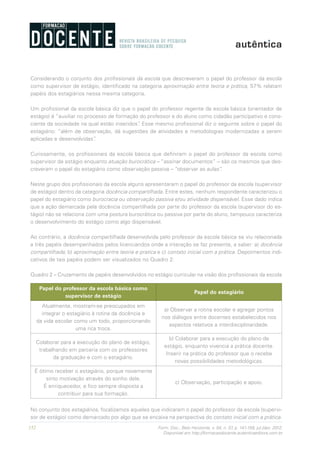 152 Form. Doc., Belo Horizonte, v. 04, n. 07, p. 141-159, jul./dez. 2012.
Disponível em http://formacaodocente.autenticaeditora.com.br
Considerando o conjunto dos profissionais da escola que descreveram o papel do professor da escola
como supervisor de estágio, identificado na categoria aproximação entre teoria e prática, 57% relatam
papéis dos estagiários nessa mesma categoria.
Um profissional da escola básica diz que o papel do professor regente da escola básica (orientador de
estágio) é “auxiliar no processo de formação do professor e do aluno como cidadão participativo e cons-
ciente da sociedade na qual estão inseridos”. Esse mesmo profissional diz o seguinte sobre o papel do
estagiário: “além de observação, dá sugestões de atividades e metodologias modernizadas a serem
aplicadas e desenvolvidas”.
Curiosamente, os profissionais da escola básica que definiram o papel do professor da escola como
supervisor de estágio enquanto atuação burocrática – “assinar documentos” – são os mesmos que des-
creveram o papel do estagiário como observação passiva – “observar as aulas”.
Neste grupo dos profissionais da escola alguns apresentaram o papel do professor da escola (supervisor
de estágio) dentro da categoria docência compartilhada. Entre estes, nenhum respondente caracterizou o
papel do estagiário como burocracia ou observação passiva e/ou atividade dispensável. Esse dado indica
que a ação demarcada pela docência compartilhada por parte do professor da escola (supervisor do es-
tágio) não se relaciona com uma postura burocrática ou passiva por parte do aluno, tampouco caracteriza
o desenvolvimento do estágio como algo dispensável.
Ao contrário, a docência compartilhada desenvolvida pelo professor da escola básica se viu relacionada
a três papéis desempenhados pelos licenciandos onde a interação se faz presente, a saber: a) docência
compartilhada; b) aproximação entre teoria e pratica e c) contato inicial com a prática. Depoimentos indi-
cativos de tais papéis podem ser visualizados no Quadro 2:
Quadro 2 – Cruzamento de papéis desenvolvidos no estágio curricular na visão dos profissionais da escola
Papel do professor da escola básica como
supervisor de estágio
Papel do estagiário
Atualmente, mostram-se preocupados em
integrar o estagiário à rotina da docência e
da vida escolar como um todo, proporcionando
uma rica troca.
a) Observar a rotina escolar e agregar pontos
nos diálogos entre docentes estabelecidos nos
aspectos relativos a interdisciplinaridade.
Colaborar para a execução do plano de estágio,
trabalhando em parceria com os professores
da graduação e com o estagiário.
b) Colaborar para a execução do plano de
estágio, enquanto vivencia a prática docente.
Inserir na prática do professor que o recebe
novas possibilidades metodológicas.
É ótimo receber o estagiário, porque novamente
sinto motivação através do sonho dele.
É enriquecedor, e fico sempre disposta a
contribuir para sua formação.
c) Observação, participação e apoio.
No conjunto dos estagiários, focalizamos aqueles que indicaram o papel do professor da escola (supervi-
sor de estágio) como demarcado por algo que se encaixa na perspectiva do contato inicial com a prática.
 