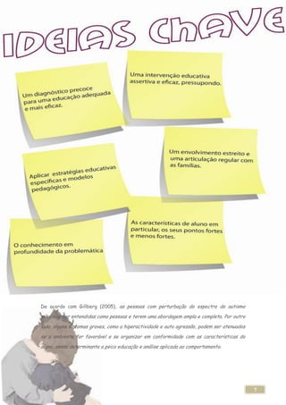 De acordo com Gillberg (2005), as pessoas com perturbação do espectro do autismo

precisam ser entendidas como pessoas e terem uma abordagem ampla e completa. Por outro
lado, alguns sintomas graves, como a hiperactividade e auto agressão, podem ser atenuados
se o ambiente for favorável e se organizar em conformidade com as características do
aluno, sendo determinante a psico educação e análise aplicada ao comportamento.




                                                                                            7
 