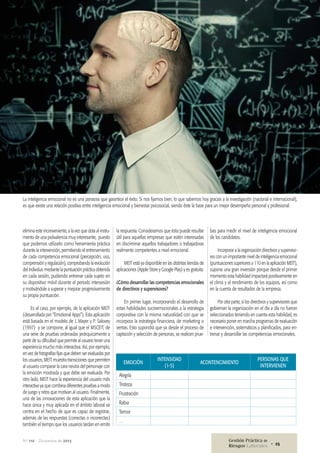 La inteligencia emocional no es una panacea que garantice el éxito. Si nos fijamos bien, lo que sabemos hoy gracias a la investigación (nacional e internacional),
es que existe una relación positiva entre inteligencia emocional y bienestar psicosocial, siendo éste la base para un mejor desempeño personal y profesional.

elimina este inconveniente, a la vez que dota al instrumento de una polivalencia muy interesante, puesto
que podemos utilizarlo como herramienta práctica
durante la intervención, permitiendo el entrenamiento
de cada competencia emocional (percepción, uso,
comprensión y regulación), comprobando la evolución
del individuo mediante la puntuación práctica obtenida
en cada sesión, pudiendo entrenar cada sujeto en
su dispositivo móvil durante el periodo intersesión
y motivándole a superar y mejorar progresivamente
su propia puntuación.
Es el caso, por ejemplo, de la aplicación MEIT
(desarrollada por “Emotional Apps”). Esta aplicación
está basada en el modelo de J. Mayer y P. Salovey
(1997) y se compone, al igual que el MSCEIT, de
una serie de pruebas ordenadas jerárquicamente a
partir de su dificultad que permite al usuario tener una
experiencia mucho más interactiva. Así, por ejemplo,
en vez de fotografías fijas que deben ser evaluadas por
los usuarios, MEIT muestra transiciones que permiten
al usuario comparar la cara neutra del personaje con
la emoción mostrada y que debe ser evaluada. Por
otro lado, MEIT hace la experiencia del usuario más
interactiva ya que combina diferentes pruebas a modo
de juego y retos que motivan al usuario. Finalmente,
una de las innovaciones de esta aplicación que la
hace única y muy aplicada en el ámbito laboral se
centra en el hecho de que es capaz de registrar,
además de las respuestas (correctas o incorrectas)
también el tiempo que los usuarios tardan en emitir
Nº 110 • Diciembre de 2013

la respuesta. Consideramos que ésta puede resultar
útil para aquellas empresas que estén interesadas
en discriminar aquellos trabajadores o trabajadoras
realmente competentes a nivel emocional.

bas para medir el nivel de inteligencia emocional
de los candidatos.

¿Cómo desarrollar las competencias emocionales
de directivos y supervisores?

Incorporar a la organización directivos y supervisores con un importante nivel de inteligencia emocional
(puntuaciones superiores a 110 en la aplicación MEIT),
supone una gran inversión porque desde el primer
momento esta habilidad impactará positivamente en
el clima y el rendimiento de los equipos, así como
en la cuenta de resultados de la empresa.

En primer lugar, incorporando el desarrollo de
estas habilidades socioemocionales a la estrategia
corporativa con la misma naturalidad con que se
incorpora la estrategia financiera, de marketing o
ventas. Esto supondrá que ya desde el proceso de
captación y selección de personas, se realicen prue-

Por otra parte, si los directivos y supervisores que
gobiernan la organización en el día a día no fueron
seleccionados teniendo en cuenta esta habilidad, es
necesario poner en marcha programas de evaluación
e intervención, sistemáticos y planificados, para entrenar y desarrollar las competencias emocionales.

MEIT está ya disponible en las distintas tiendas de
aplicaciones (Apple Store y Google Play) y es gratuita.

EMOCIÓN

INTENSIDAD
(1-5)

ACONTENCIMIENTO

PERSONAS QUE
INTERVIENEN

Alegría
Tristeza
Frustración
Rabia
Temor
…

Gestión Práctica de
Riesgos Laborales • 25

 